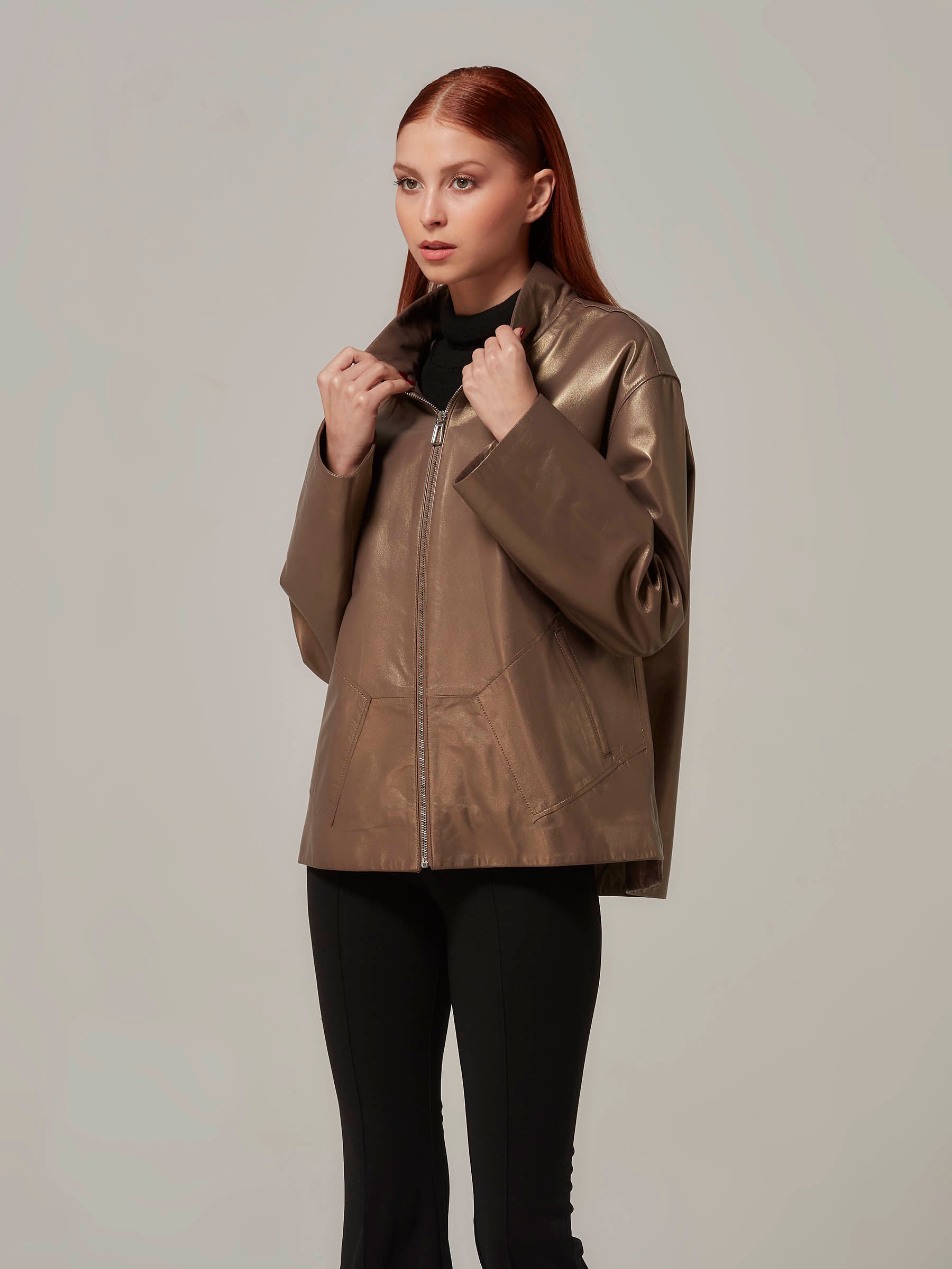 Bronze Leather Jacket Relaxed Fit front pose