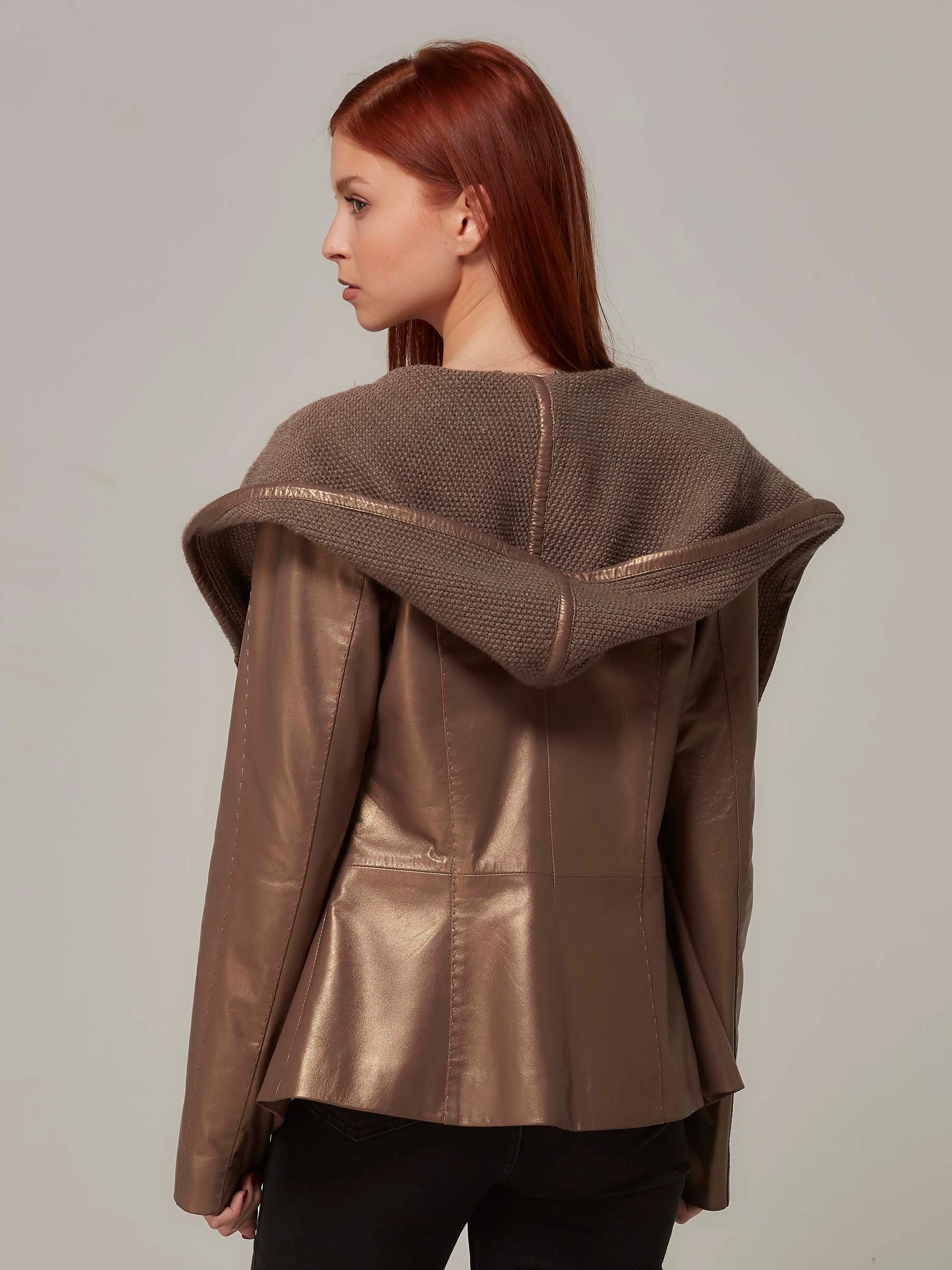 Bronze Leather Jacket with Knitted Wool Hood back pose 