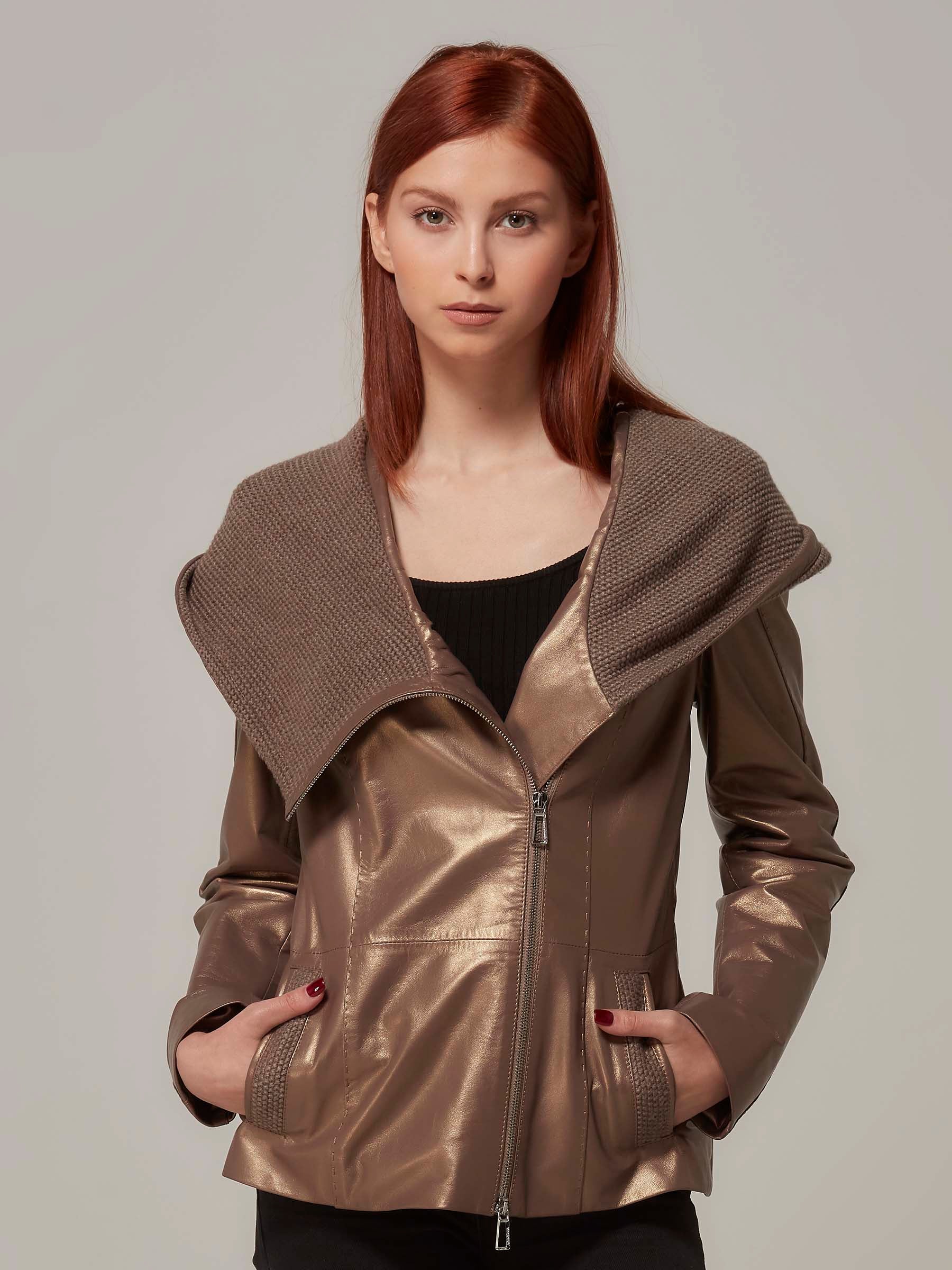 Bronze Leather Jacket with Knitted Wool Hood front pose