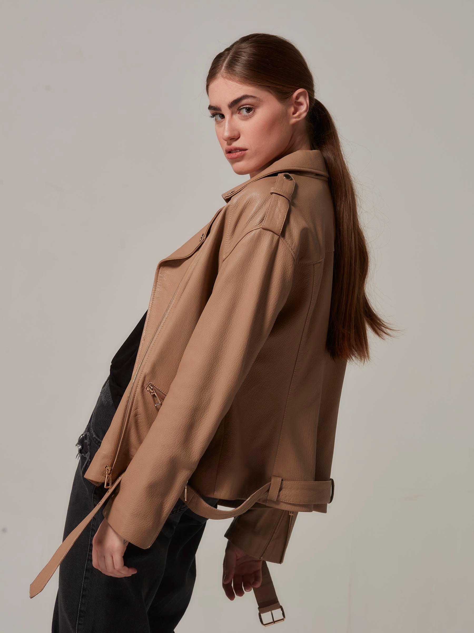 Brown Leather Oversized Motorcycle Jacket side pose