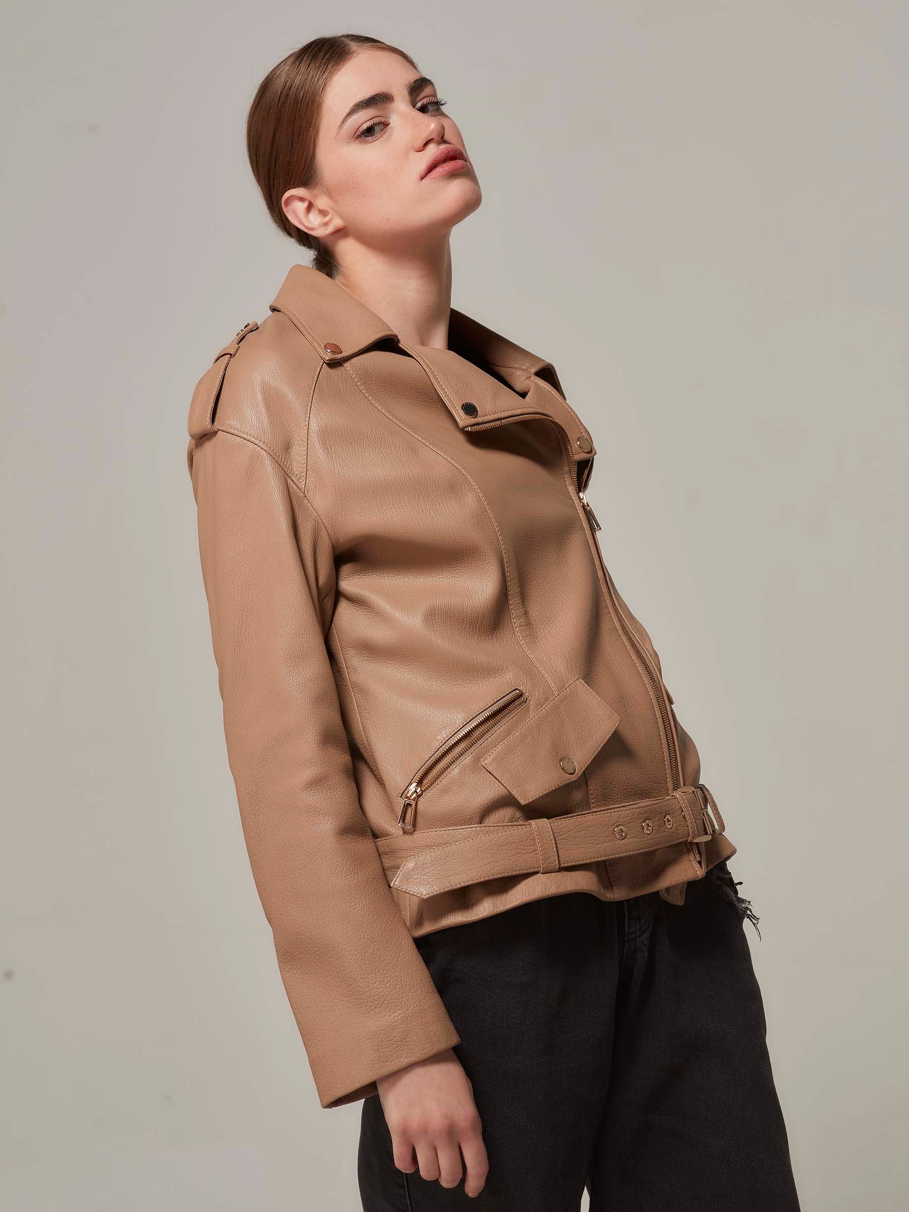 Brown Leather Oversized Motorcycle Jacket front pose