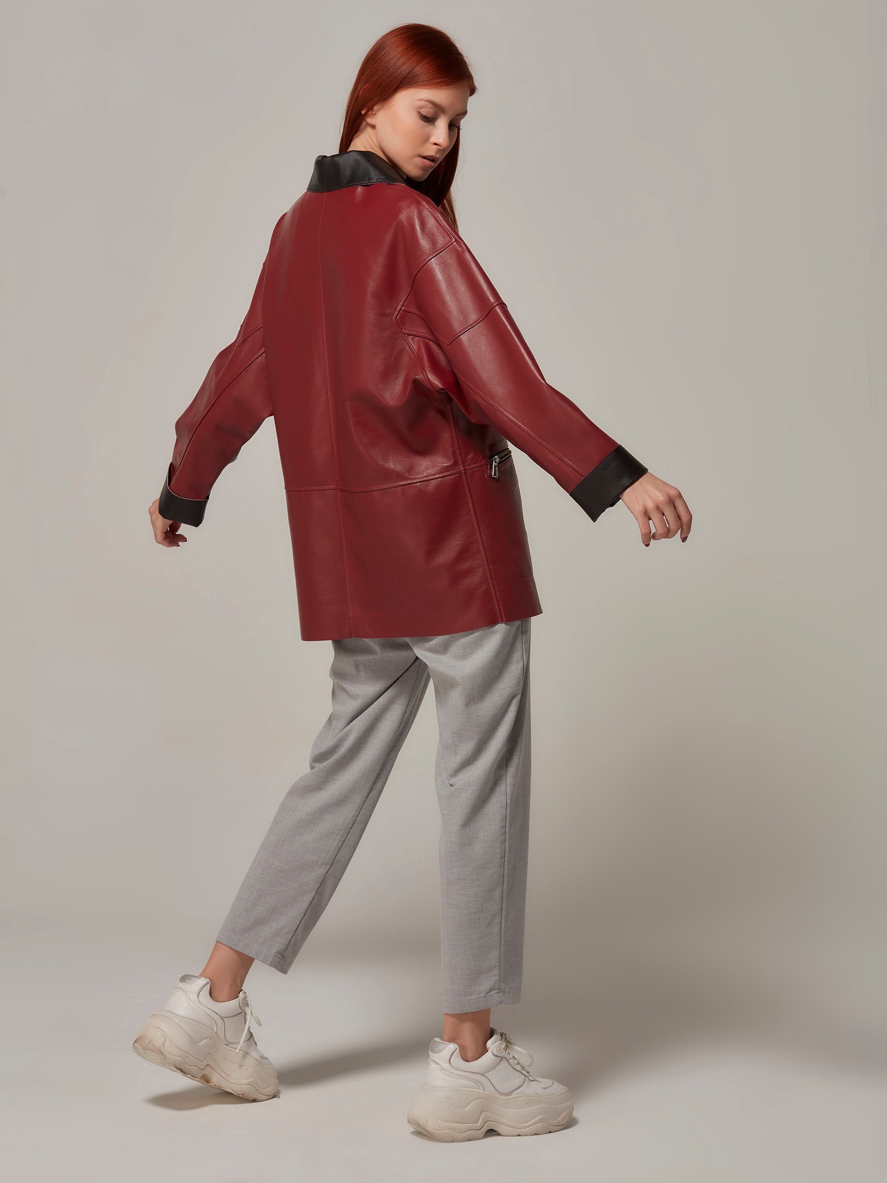 Double Sided Burgundy Leather Jacket - Minimalist Design back full length