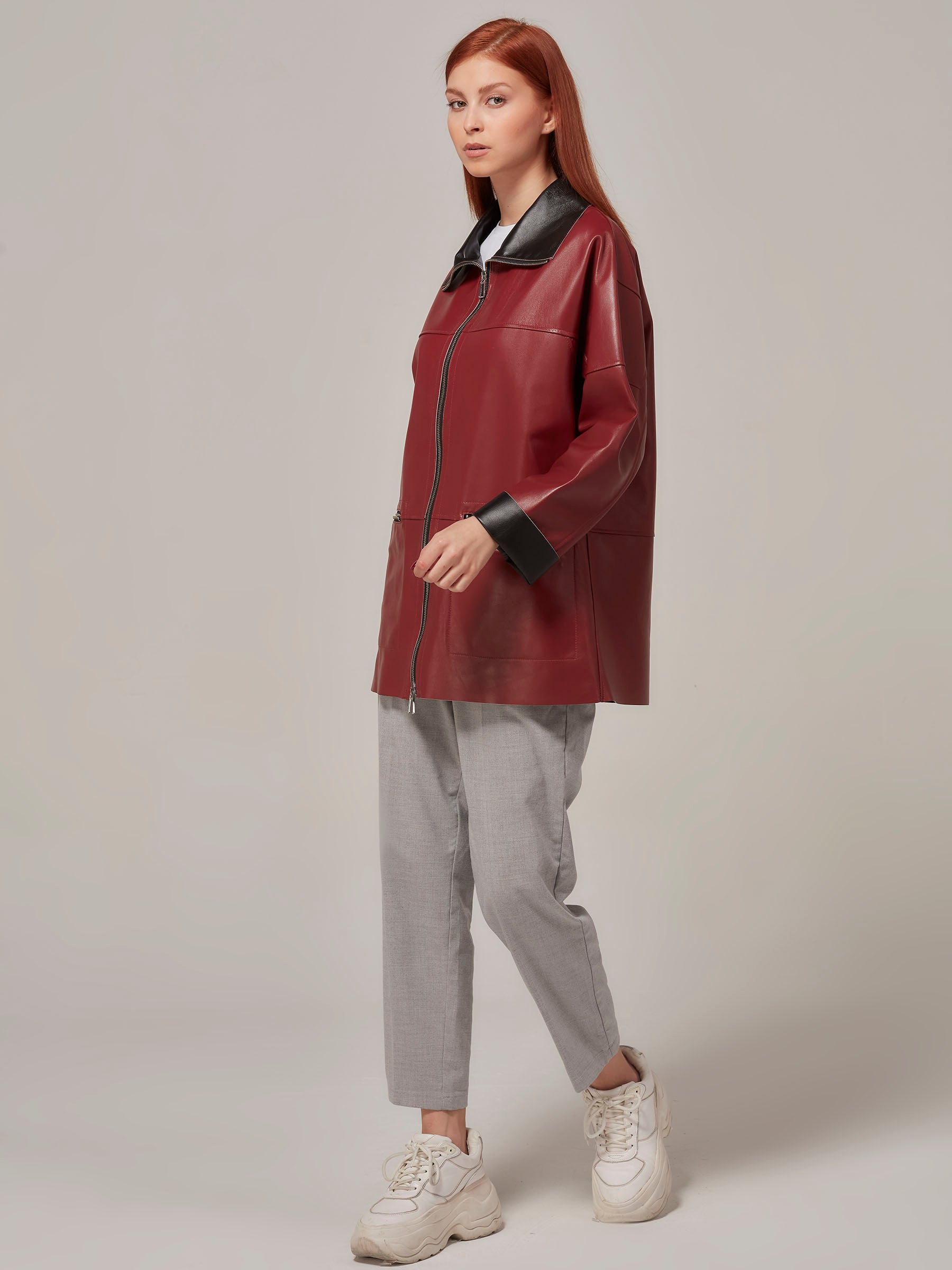 Double Sided Burgundy Leather Jacket - Minimalist Design front full length