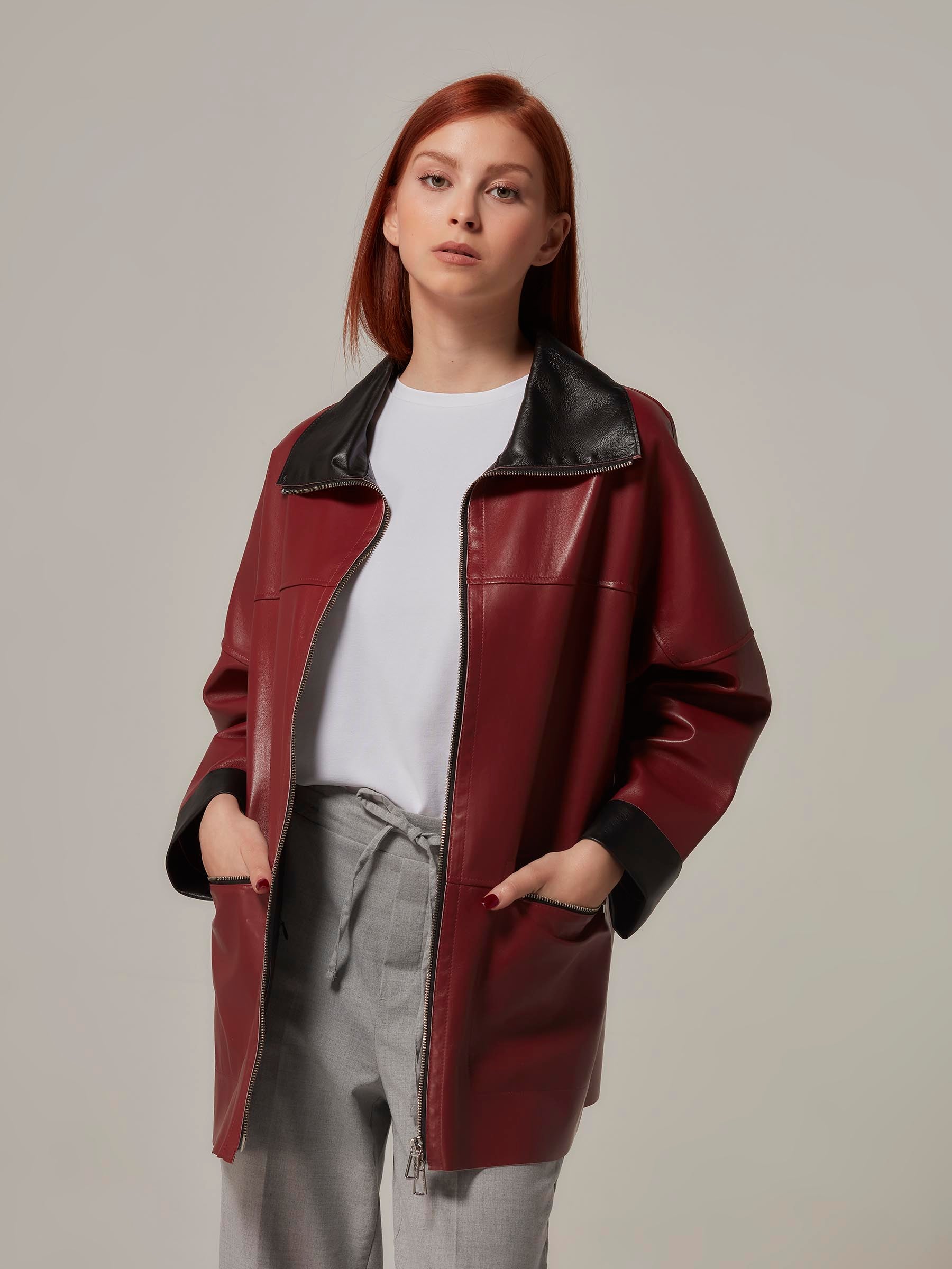 Double Sided Burgundy Leather Jacket - Minimalist Design front closeup pose