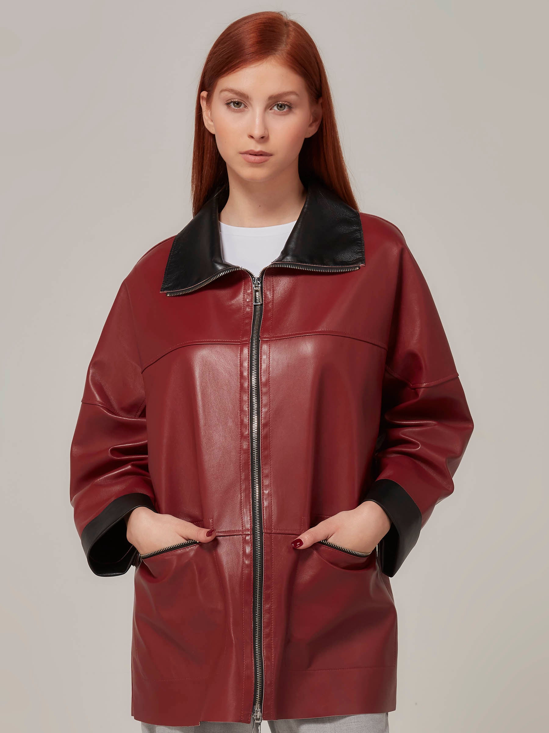 Double Sided Burgundy Leather Jacket - Minimalist Design front closeup