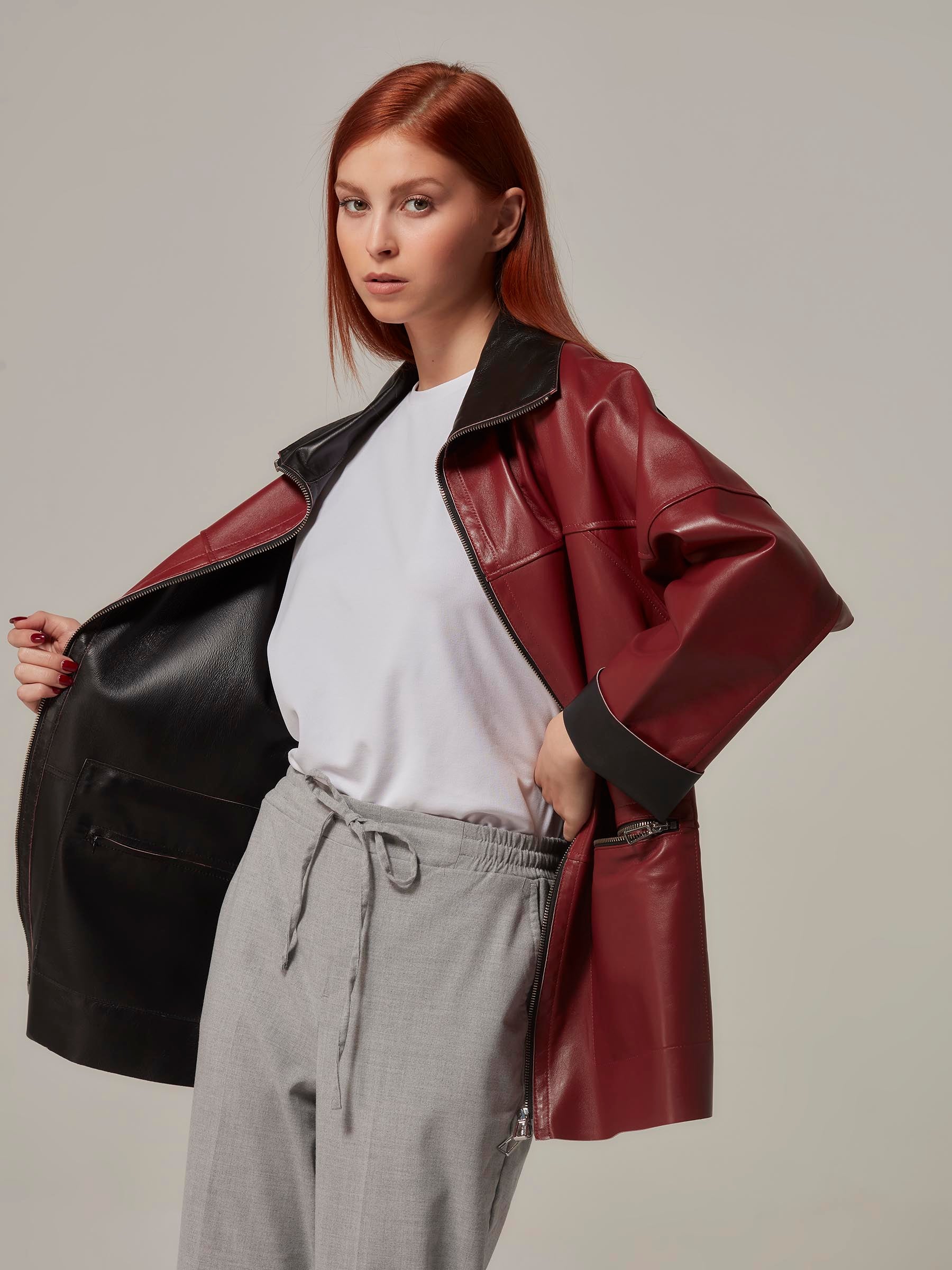 Double Sided Burgundy Leather Jacket - Minimalist Design front pose