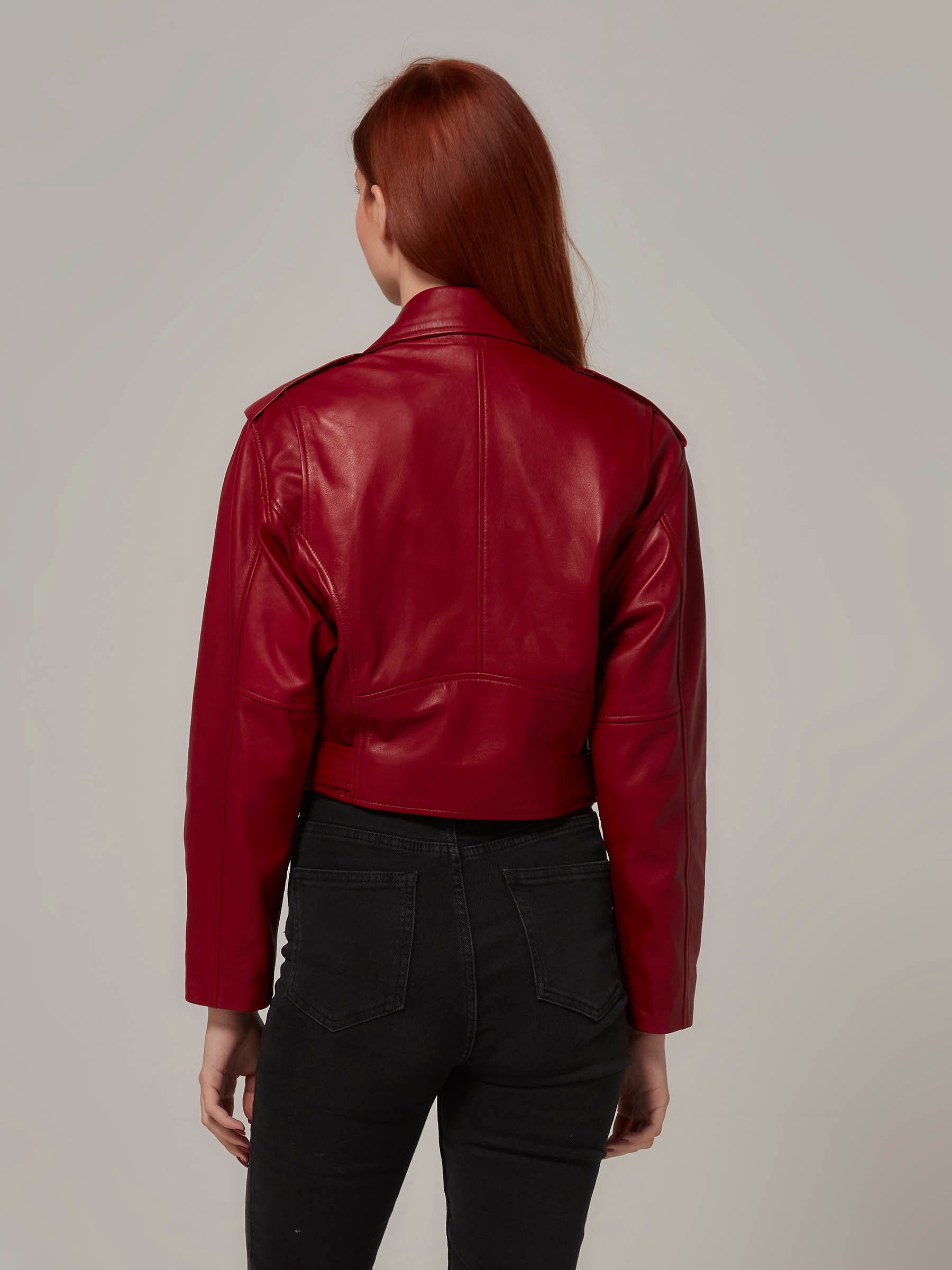 Oversized Cropped Motorcycle Leather Jacket (Burgundy)