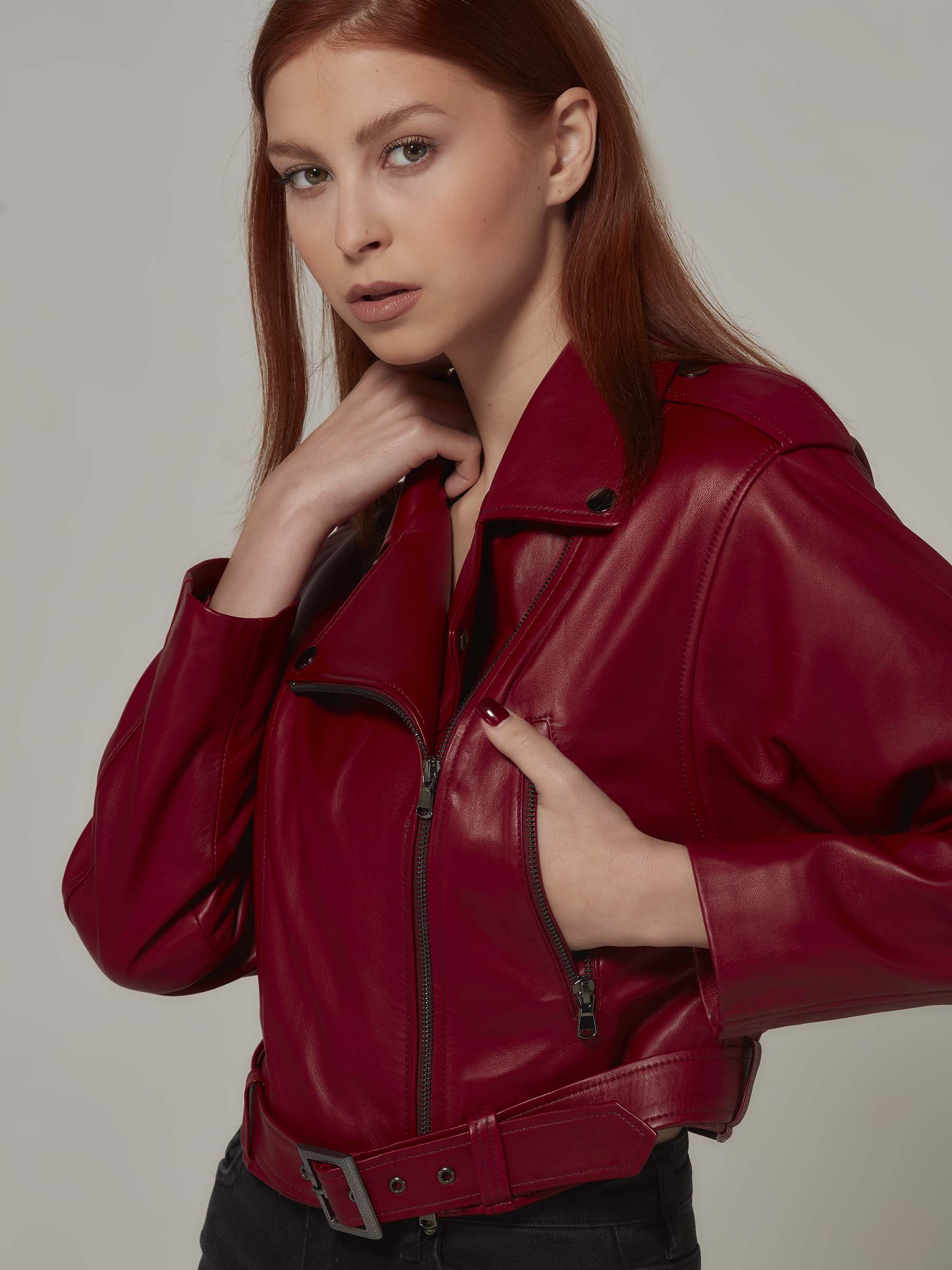 Oversized Cropped Motorcycle Leather Jacket (Burgundy)