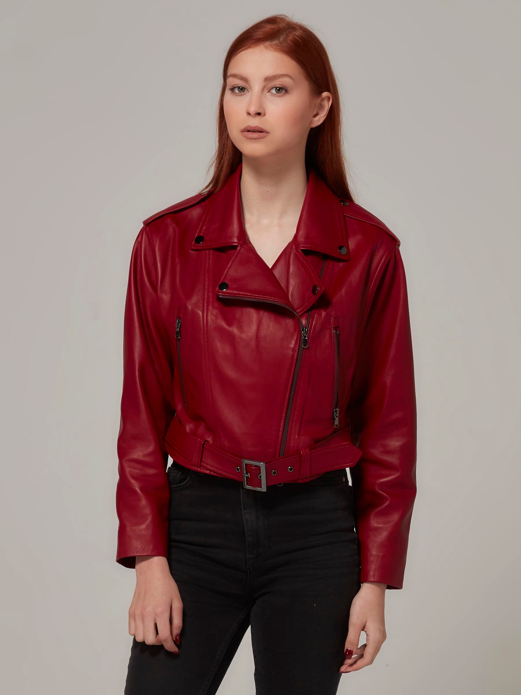 Oversized Cropped Motorcycle Leather Jacket (Burgundy)