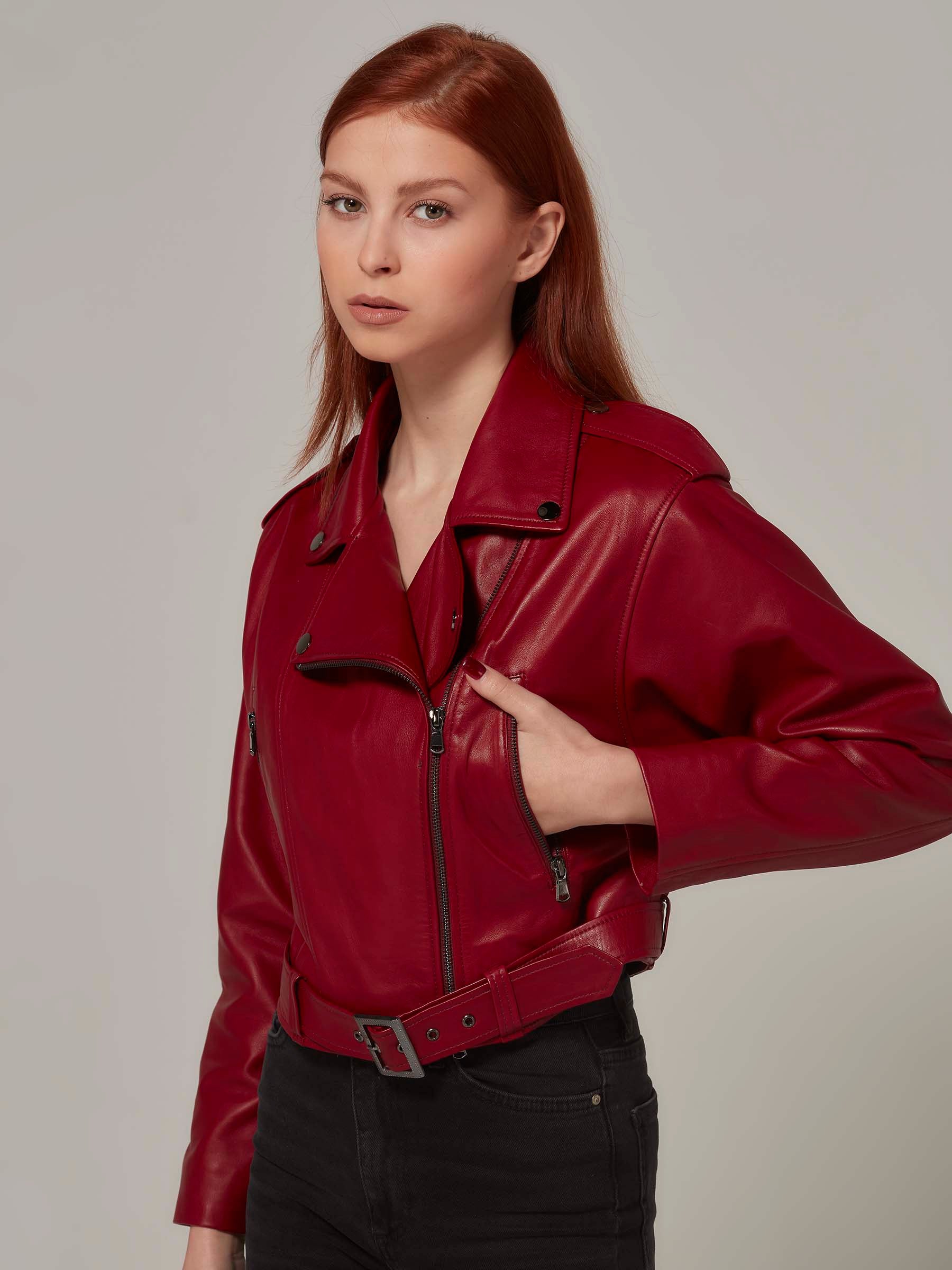 Oversized Cropped Motorcycle Leather Jacket (Burgundy)