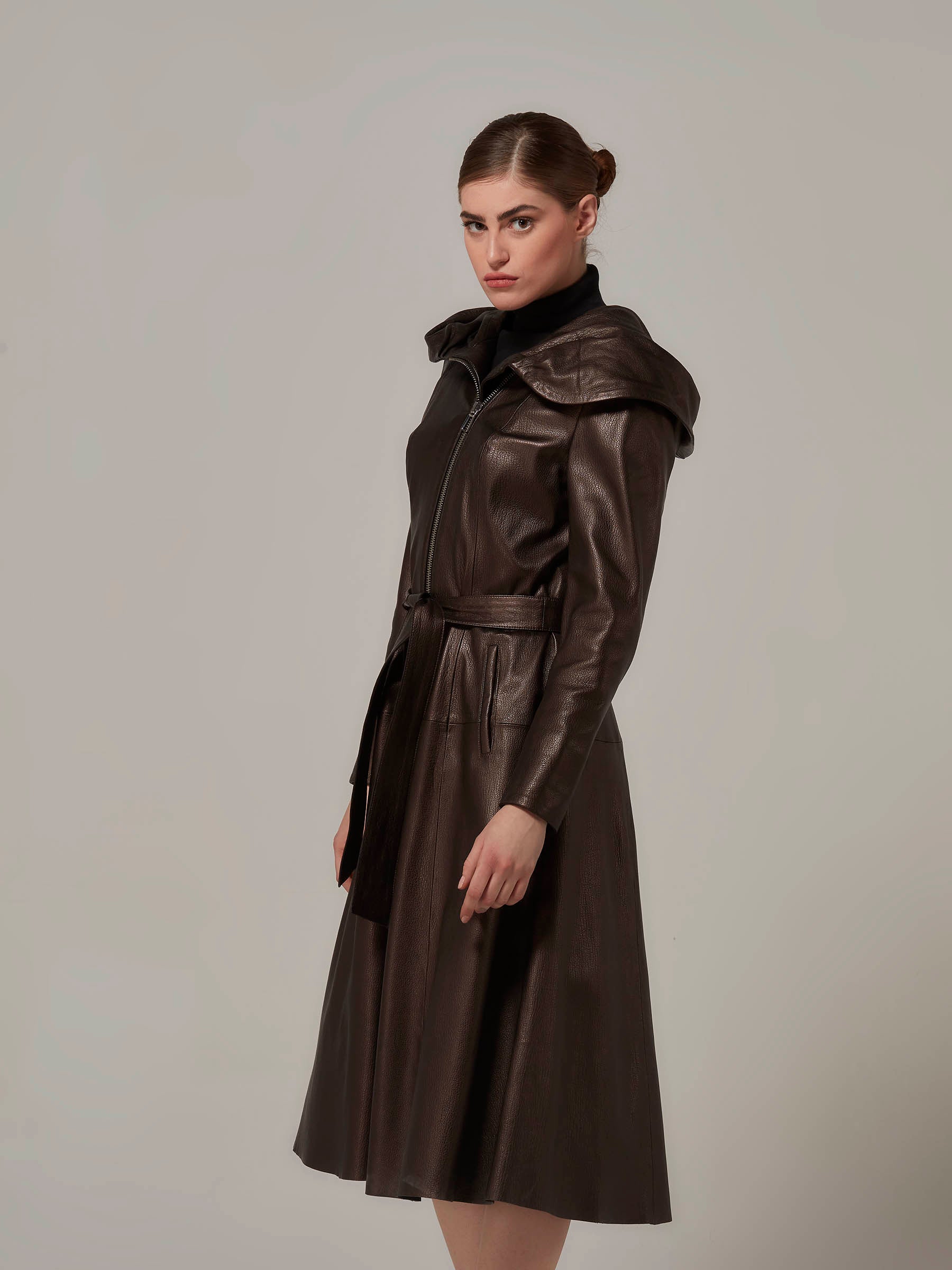 Dark Bronze Leather Coat with Hood side full length