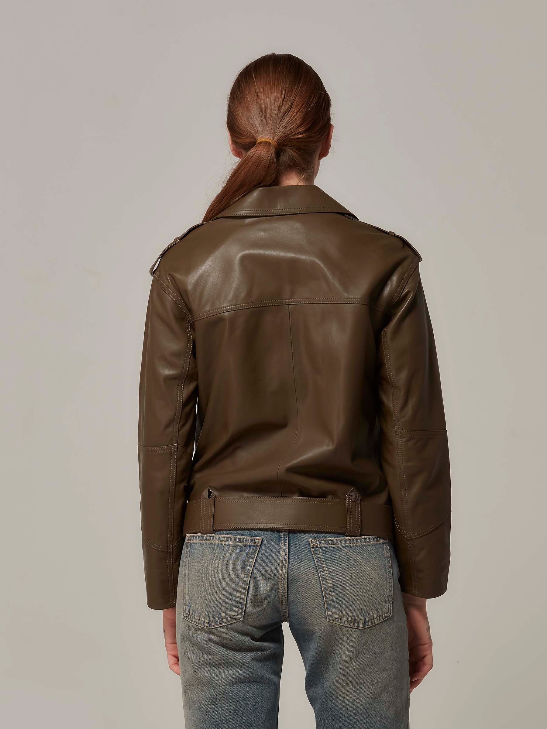 Green Oversized Leather Motorcycle Jacket back pose