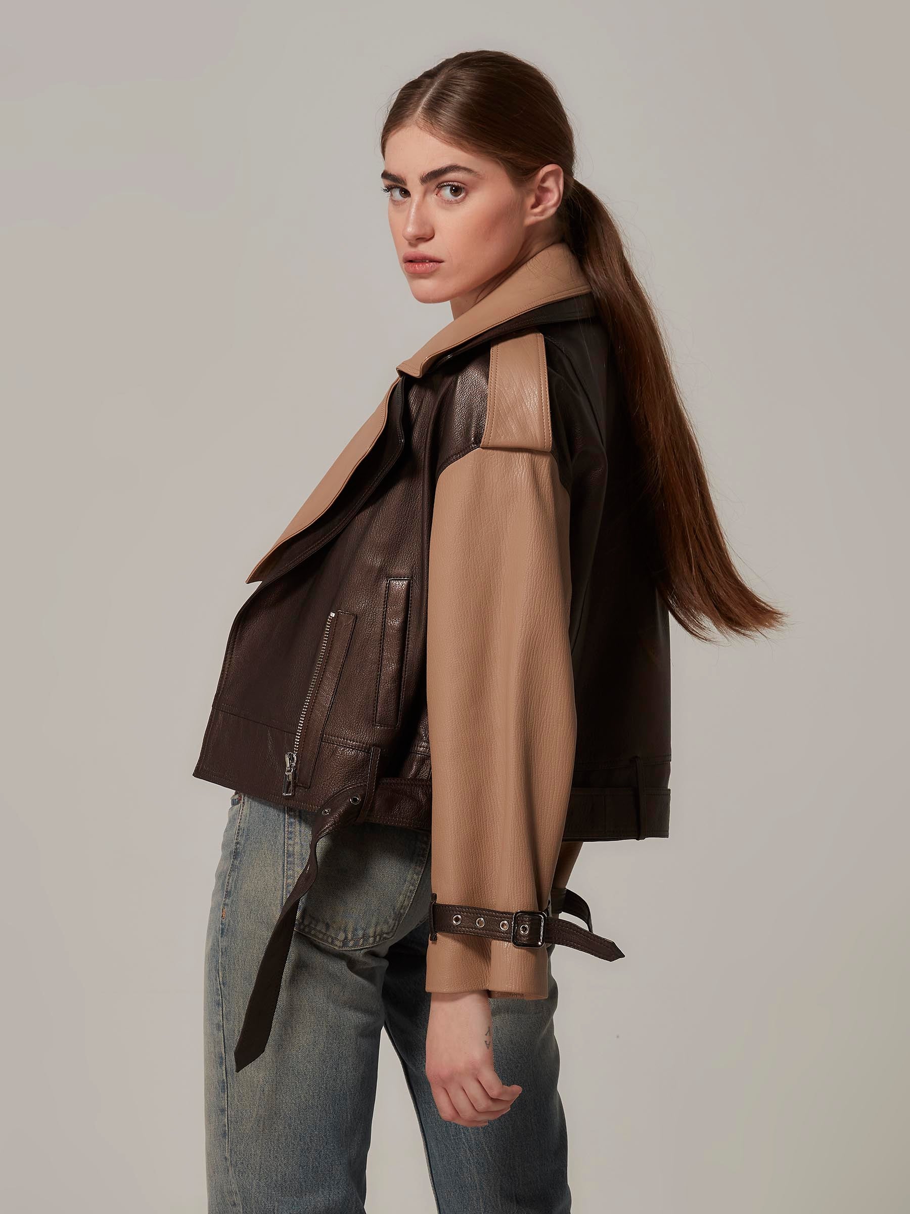 Brown Oversized Leather Motorcycle Jacket with Two Collars side pose