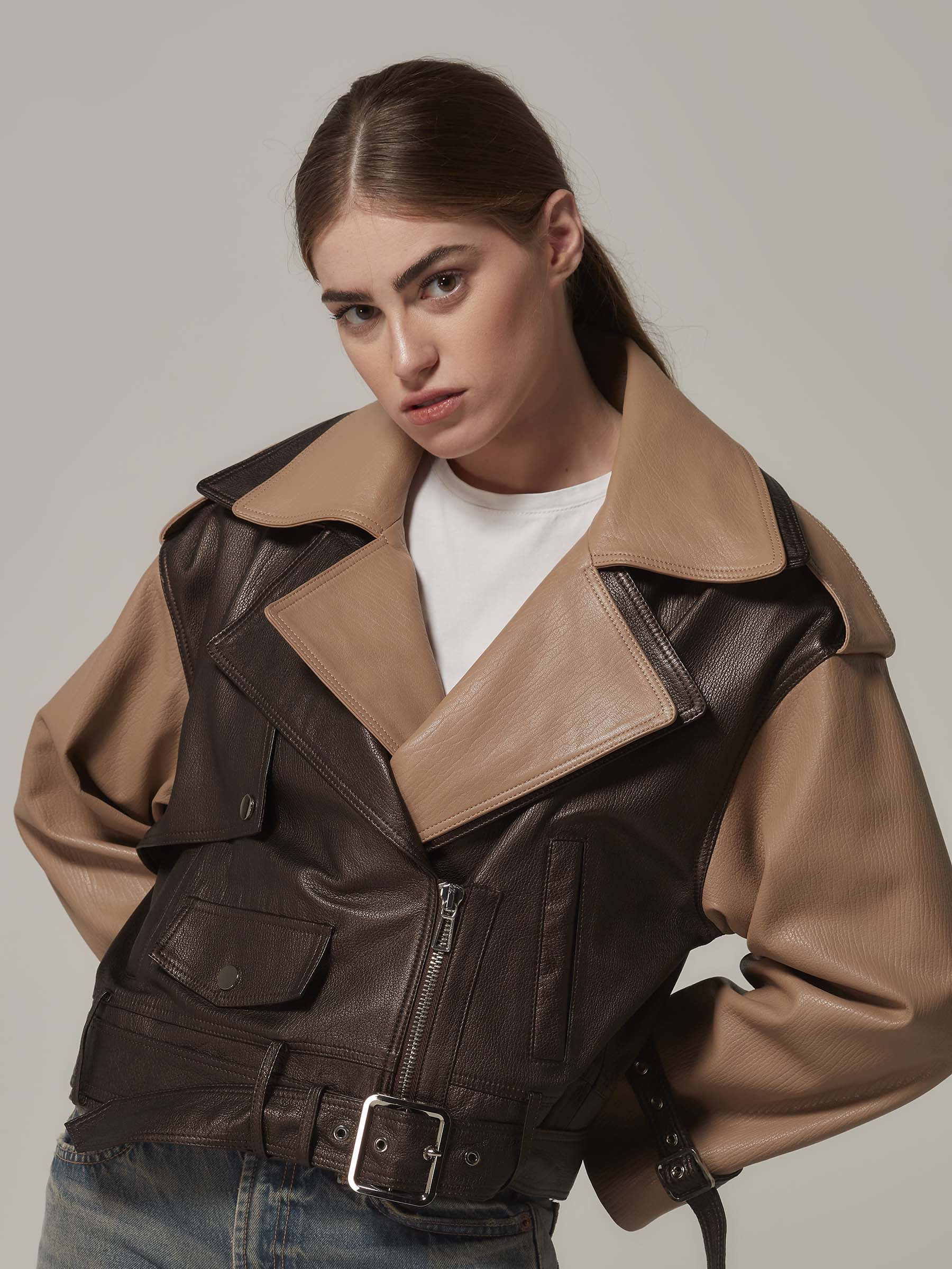 Brown Oversized Leather Motorcycle Jacket with Two Collars front pose