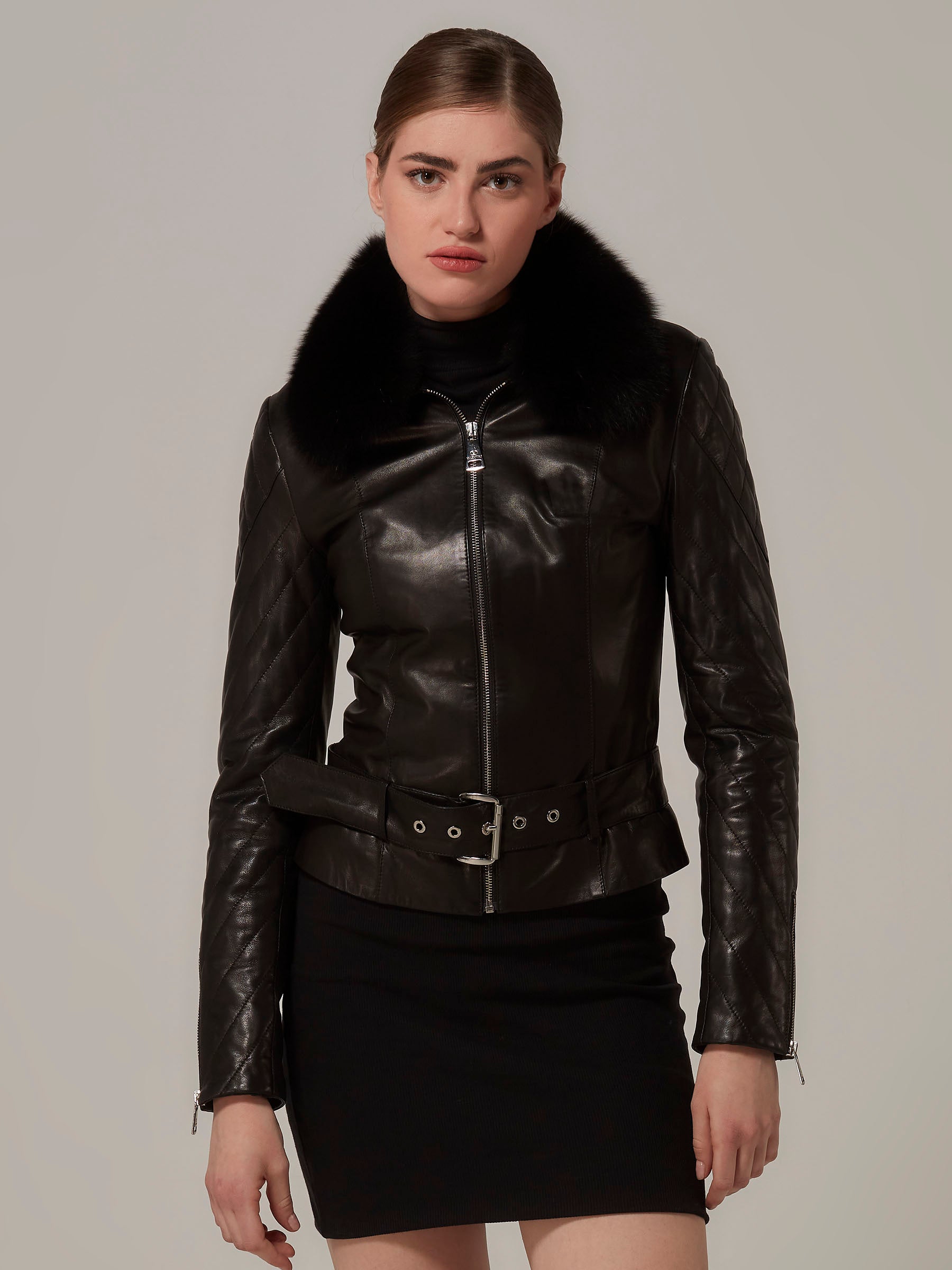 Black Leather Motorcycle Jacket with Fox Fur Collar front