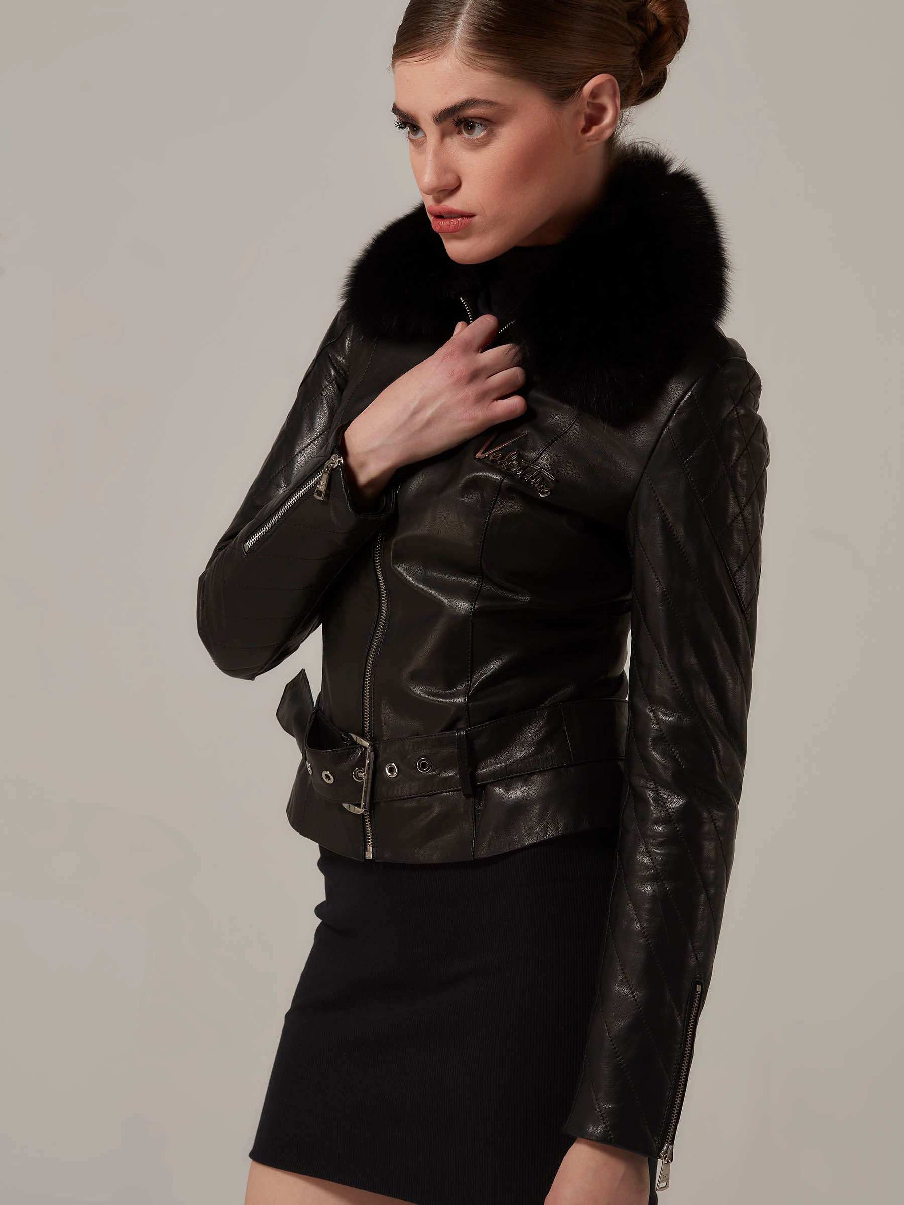 Black Leather Motorcycle Jacket with Fox Fur Collar Side