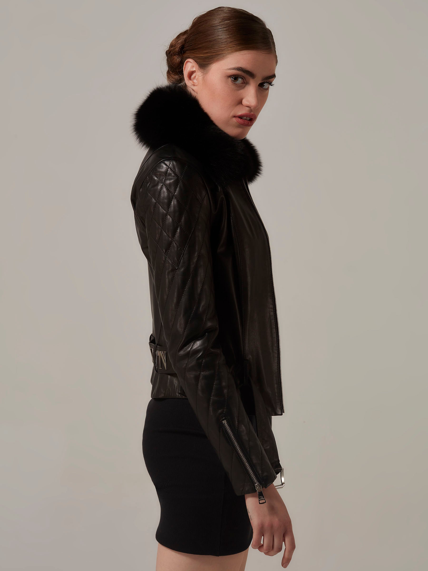 Black Leather Motorcycle Jacket with Fox Fur Collar side pose