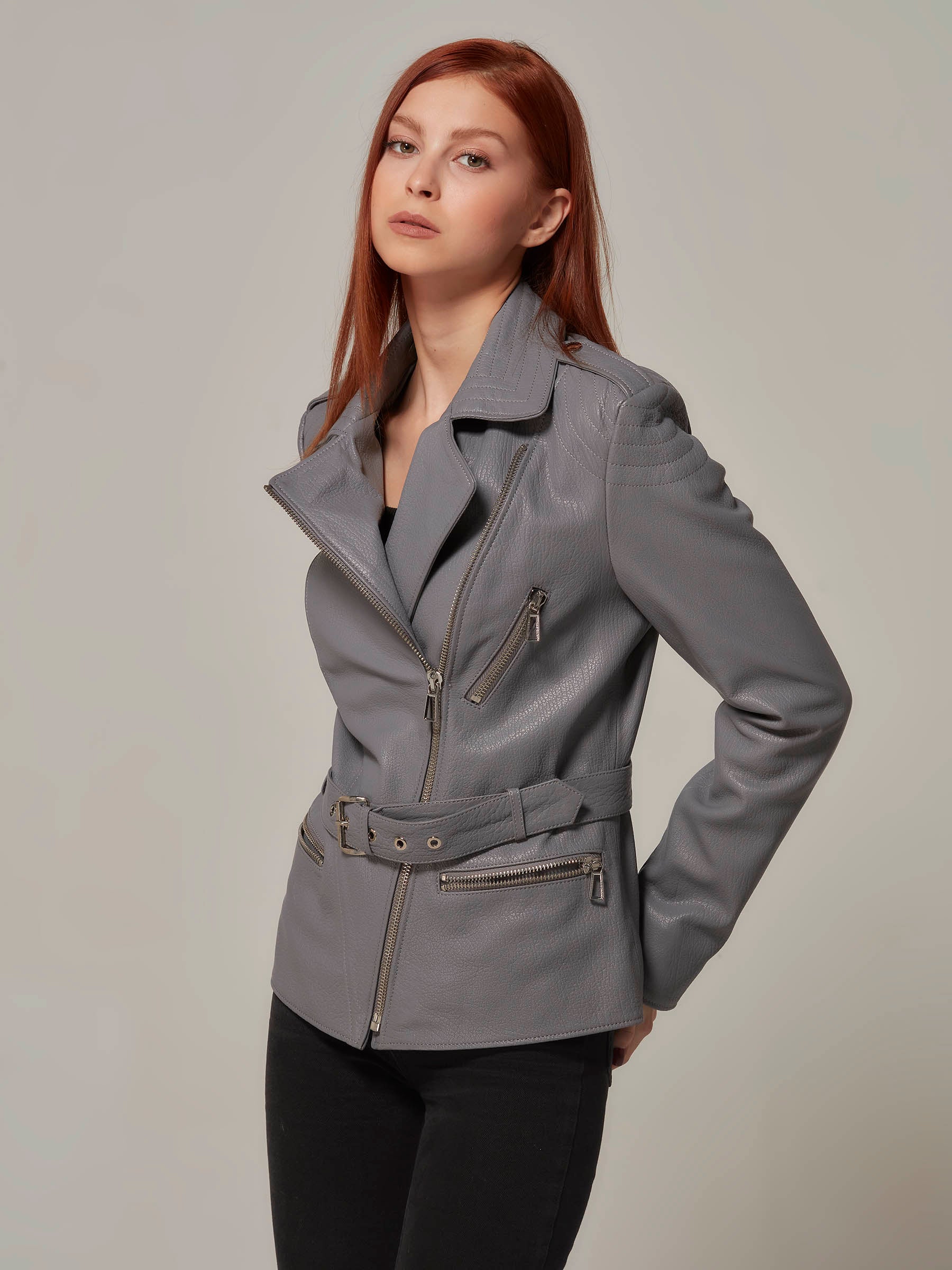 Gray Leather Motorcycle Jacket (Quilted) front pose