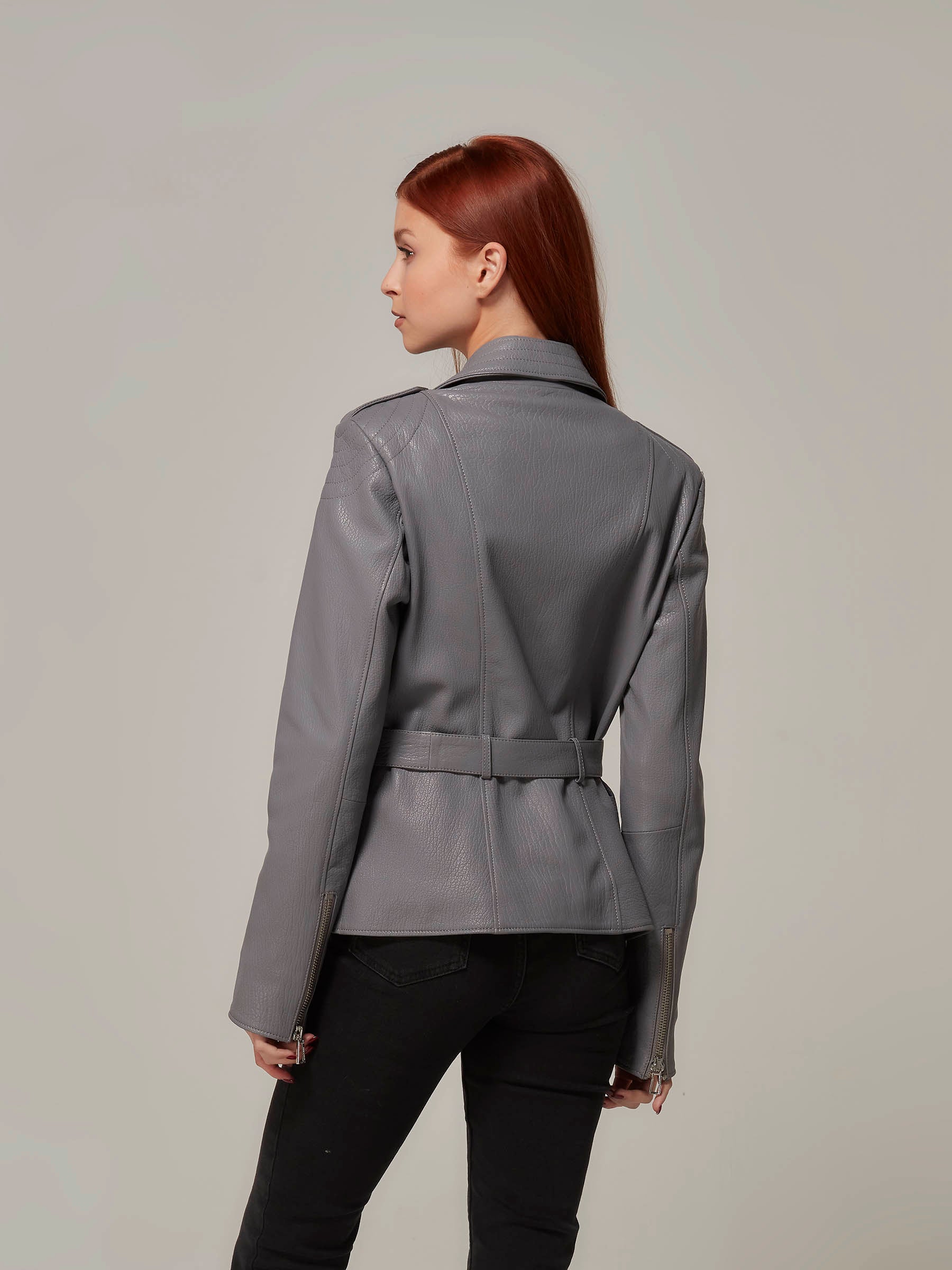 Gray Leather Motorcycle Jacket (Quilted) back pose