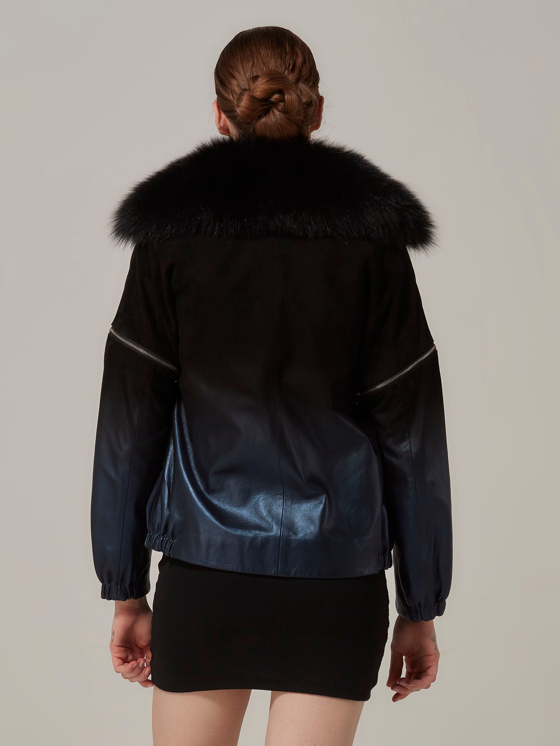 Blue Leather to Black Suede Gradient Bomber jacket with Removable Sleeve back pose