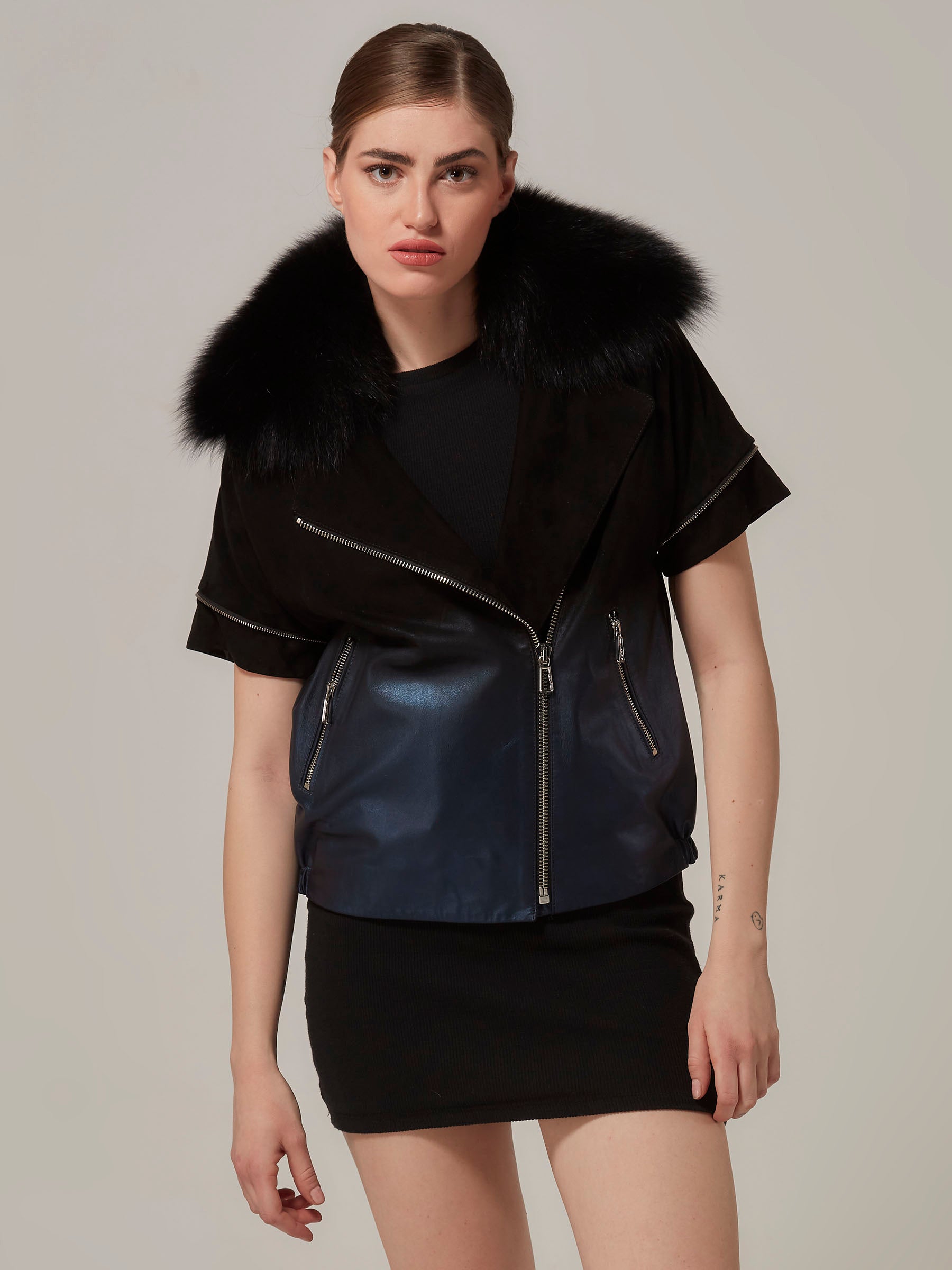 Blue Leather to Black Suede Gradient Bomber jacket with Removable Sleeve front pose no sleeves