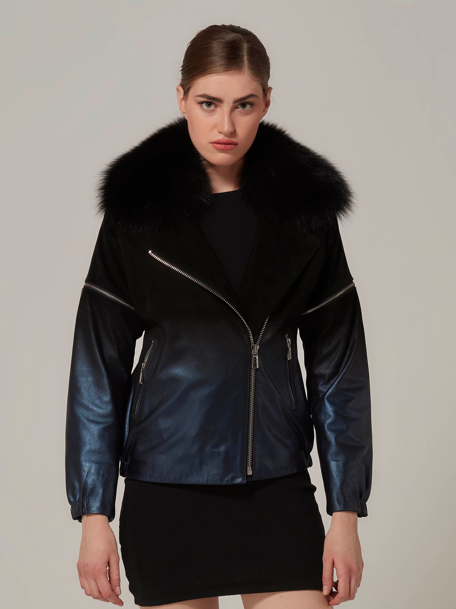 Blue Leather to Black Suede Gradient Bomber jacket with Removable Sleeve front pose