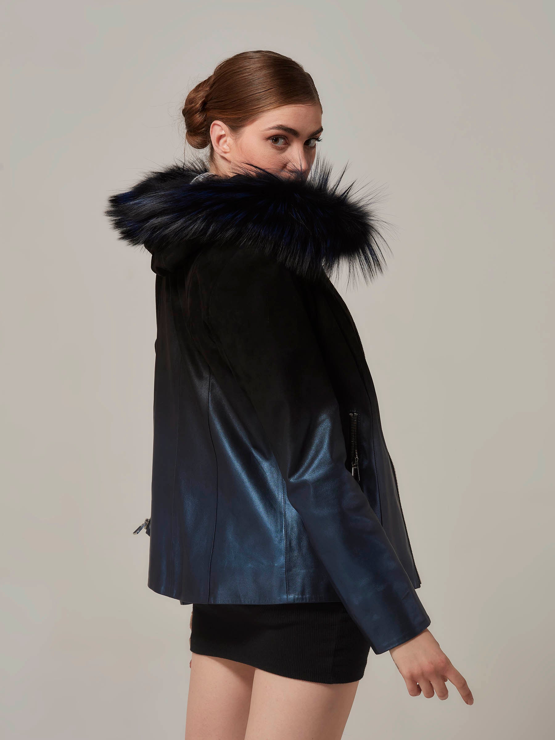 Blue Leather to Black Suede Gradient Jacket - Fox Fur Hood back pose closeup