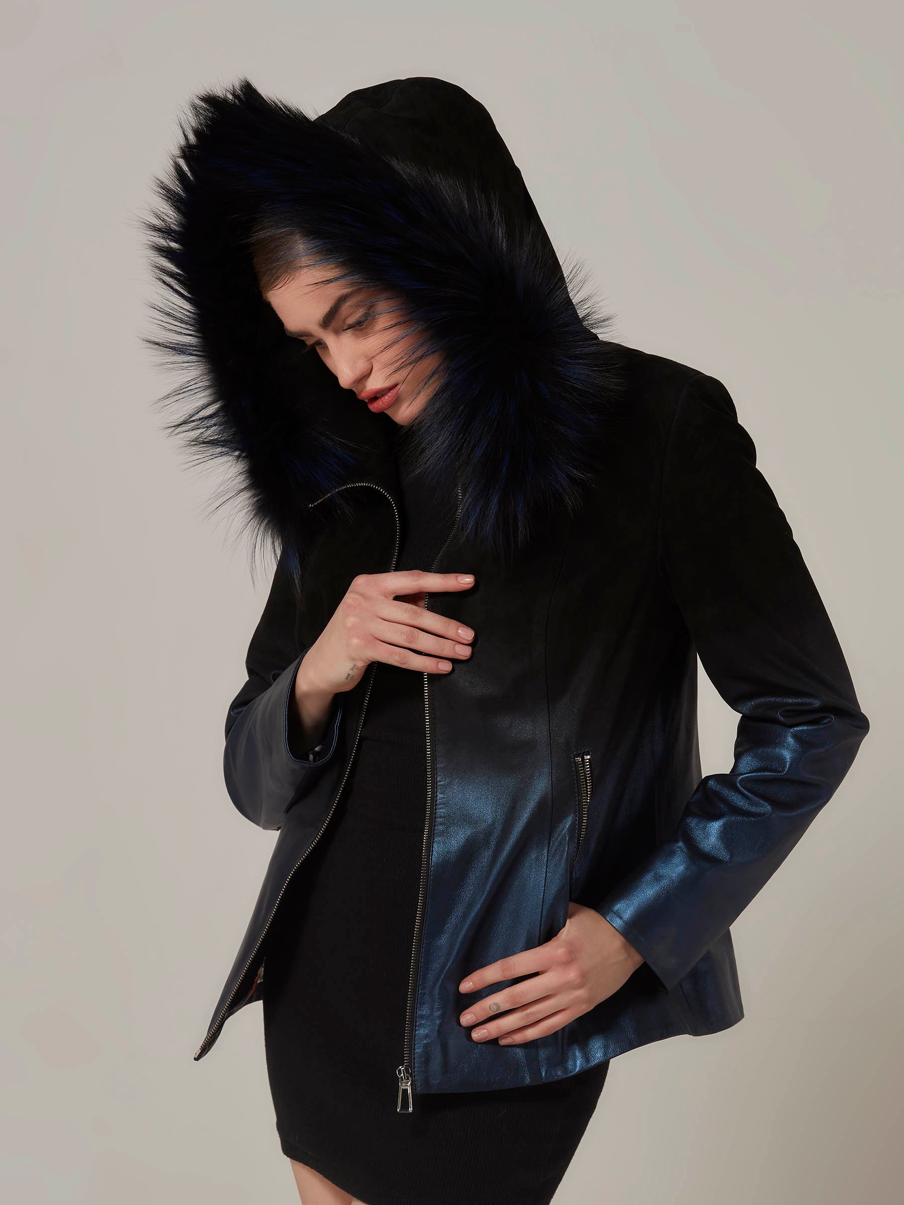 Blue Leather to Black Suede Gradient Jacket - Fox Fur Hood front pose closeup