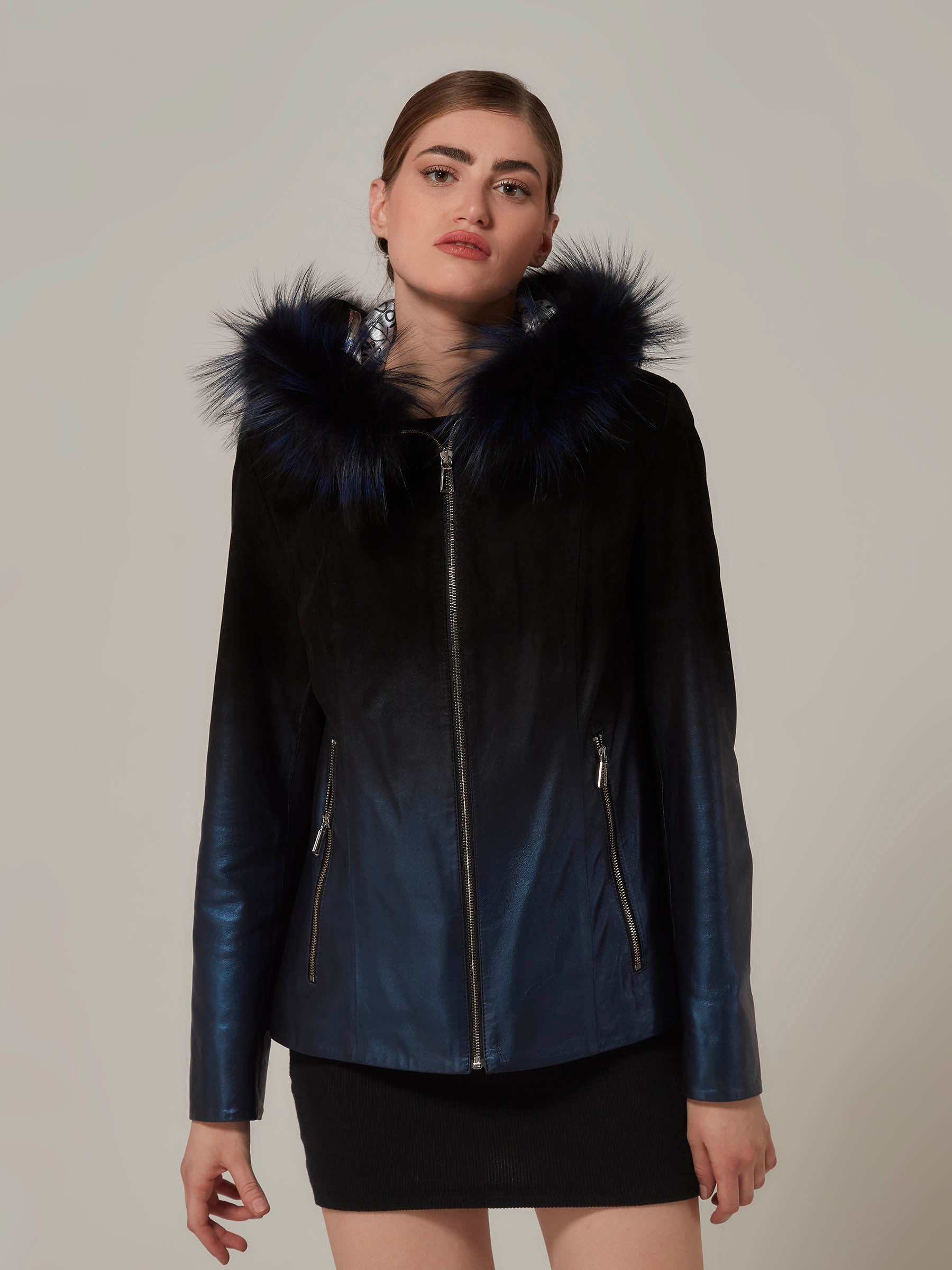 Blue Leather to Black Suede Gradient Jacket - Fox Fur Hood front pose