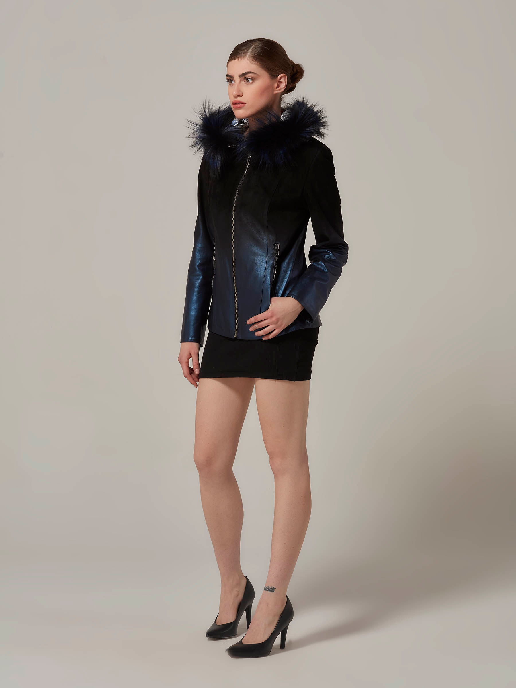 Blue Leather to Black Suede Gradient Jacket - Fox Fur Hood front full length pose