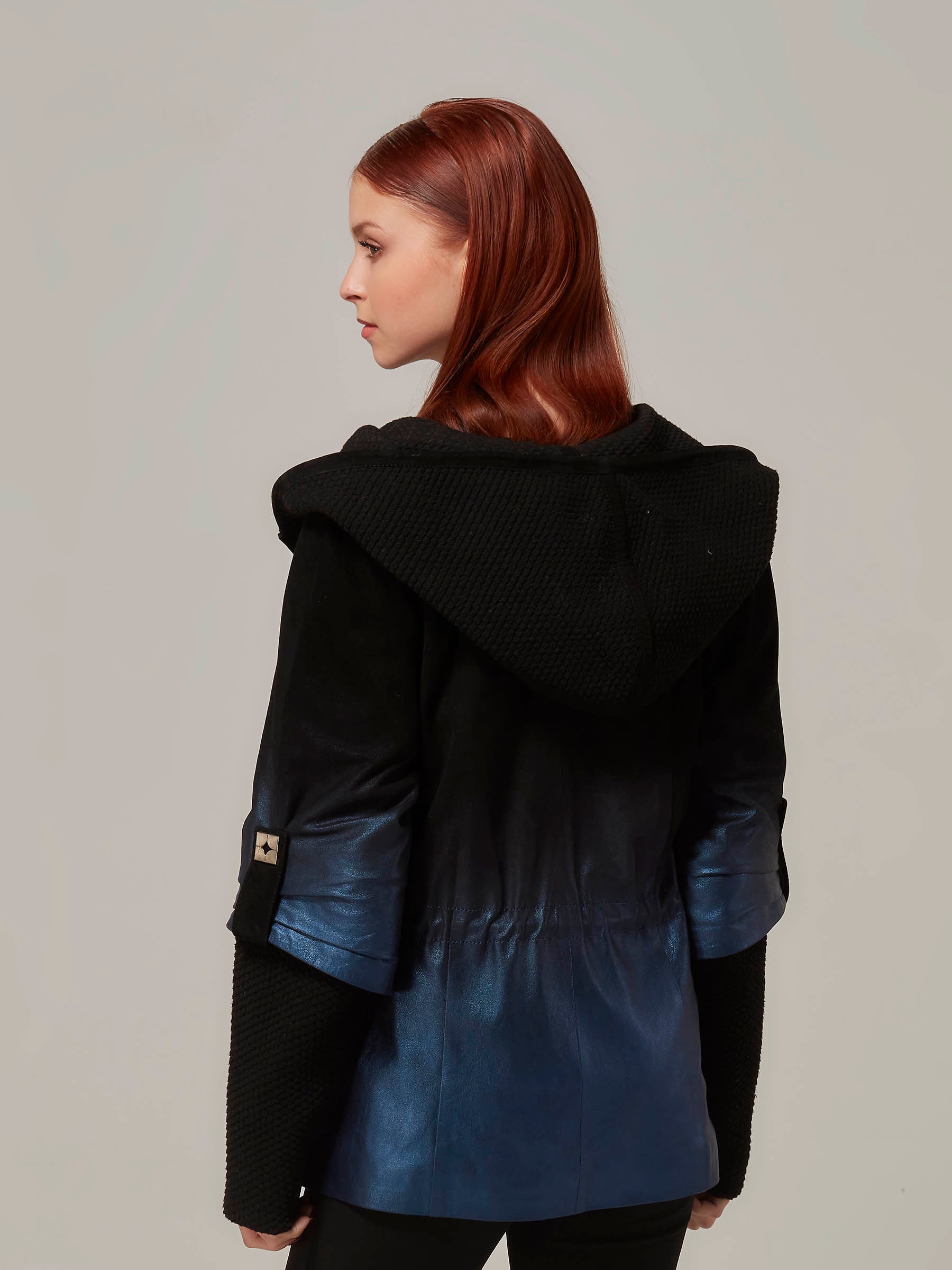 Gradient Blue Leather to Black Suede Jacket with Hood back pose