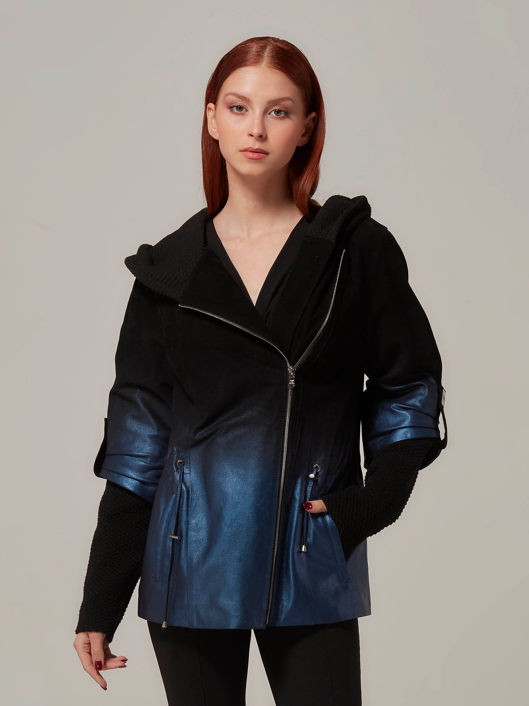 Gradient Blue Leather to Black Suede Jacket with Hood front pose