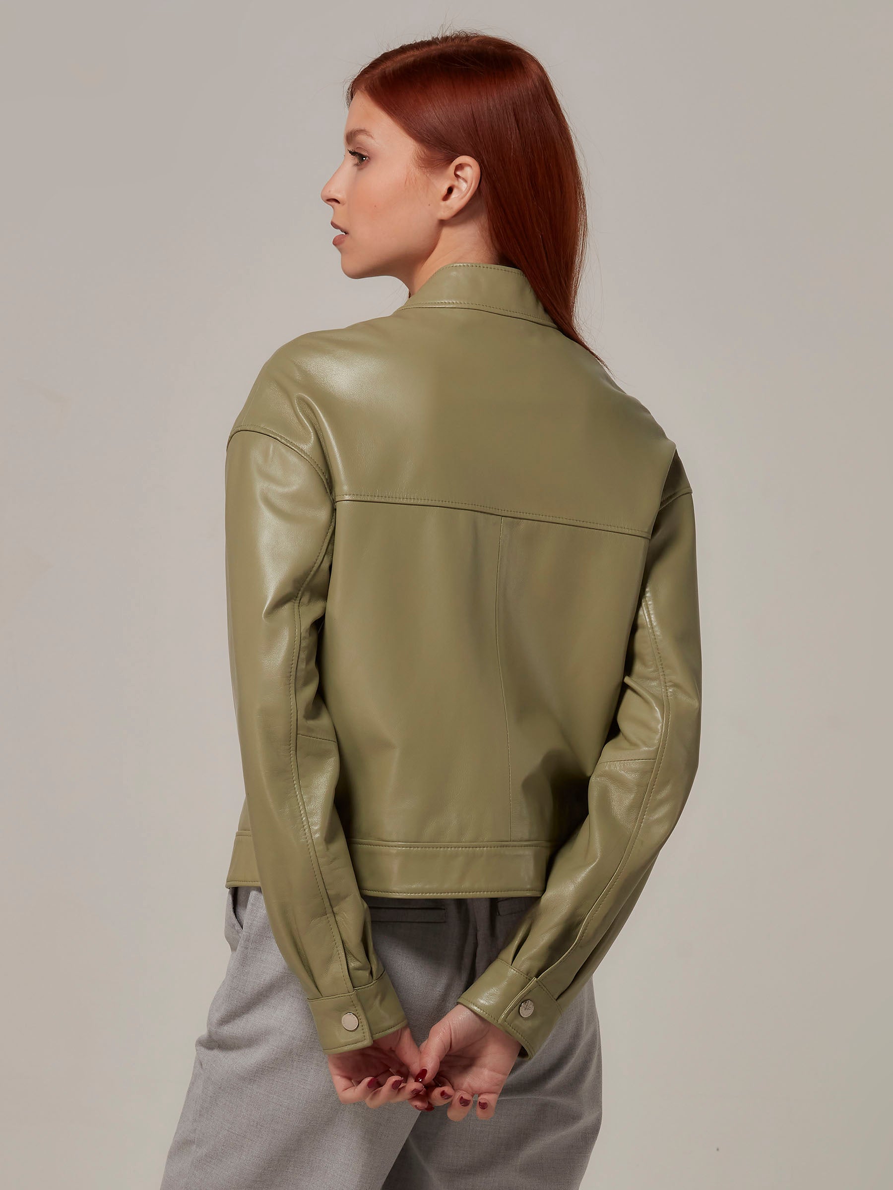 Olive Green Leather Jacket Basic Design back pose