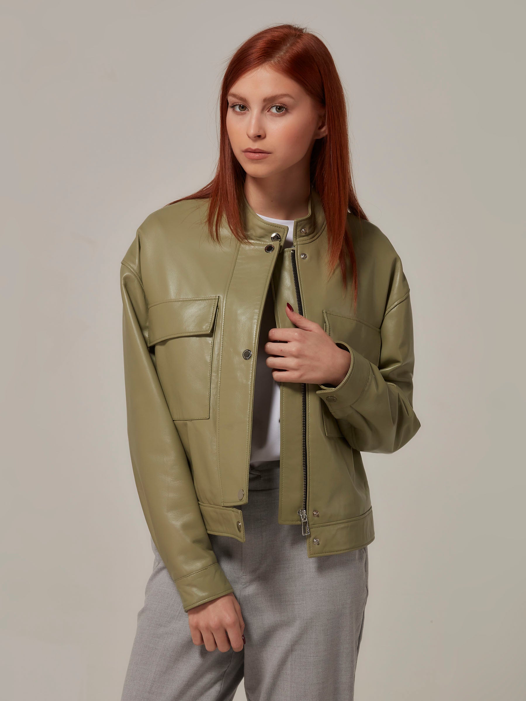 Olive Green Leather Jacket Basic Design front pose