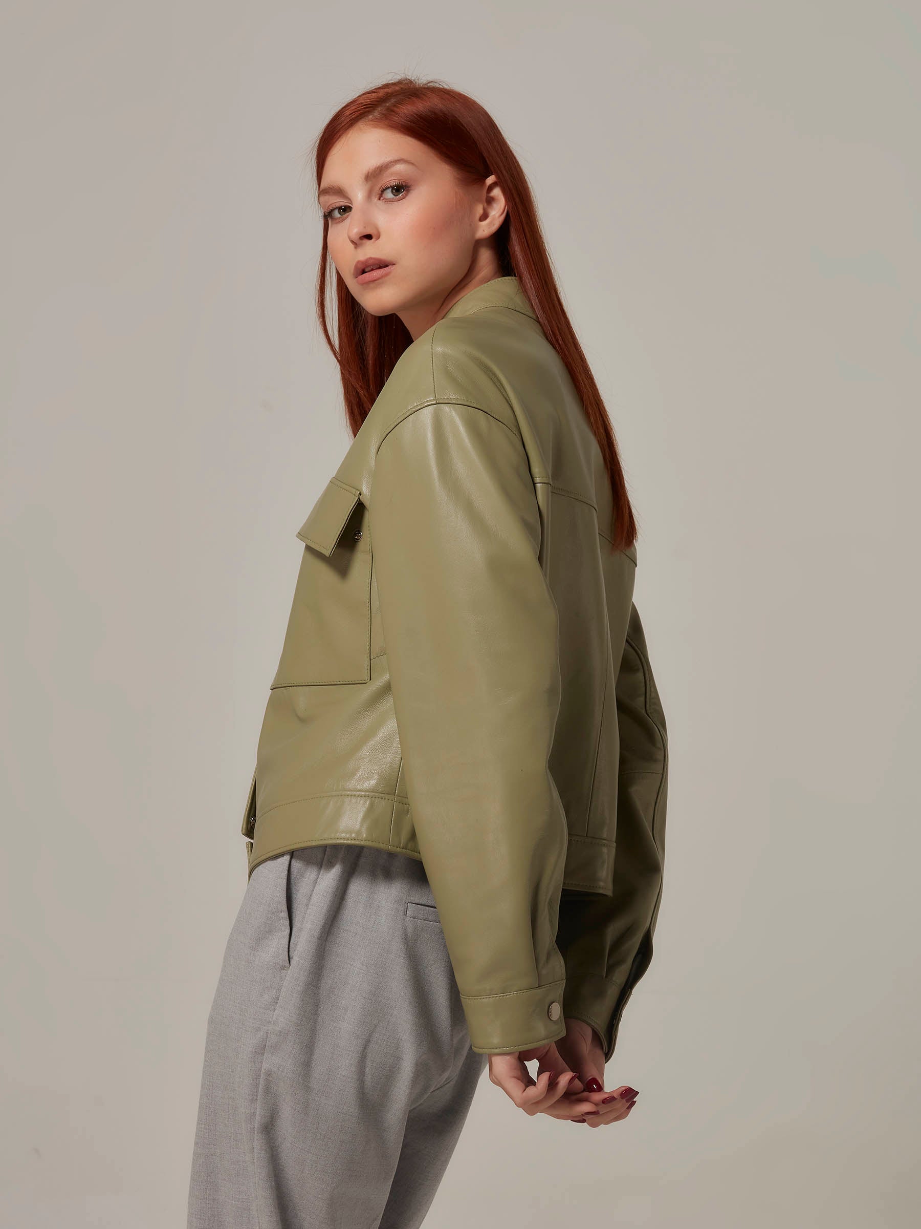 Olive Green Leather Jacket Basic Design side pose