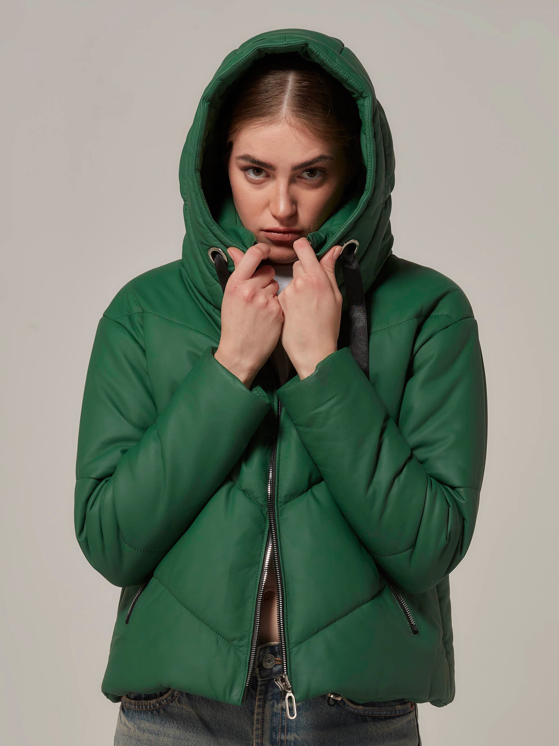 Green Leather Puffer Jacket with Hood front close up