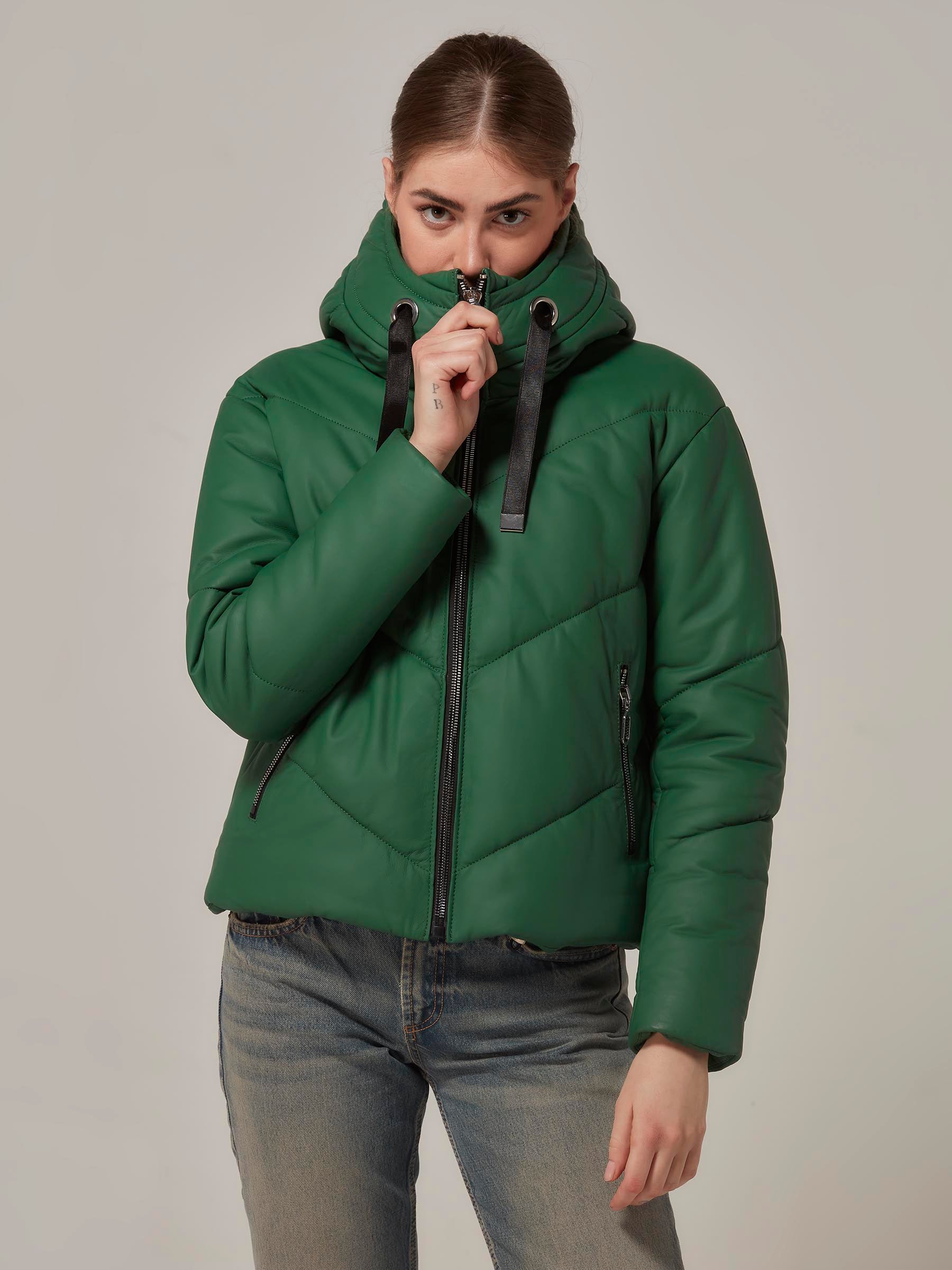 Green Leather Puffer Jacket with Hood front pose