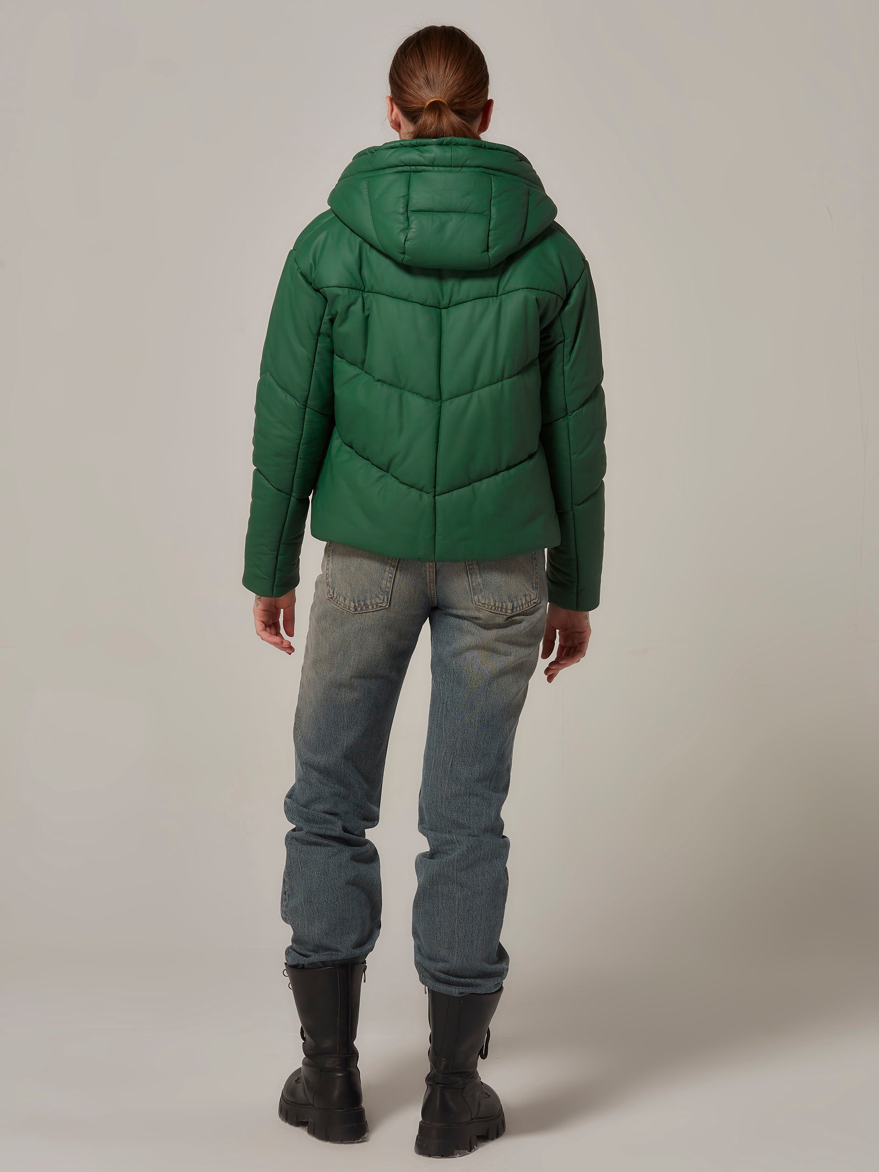 Green Leather Puffer Jacket with Hood back full length