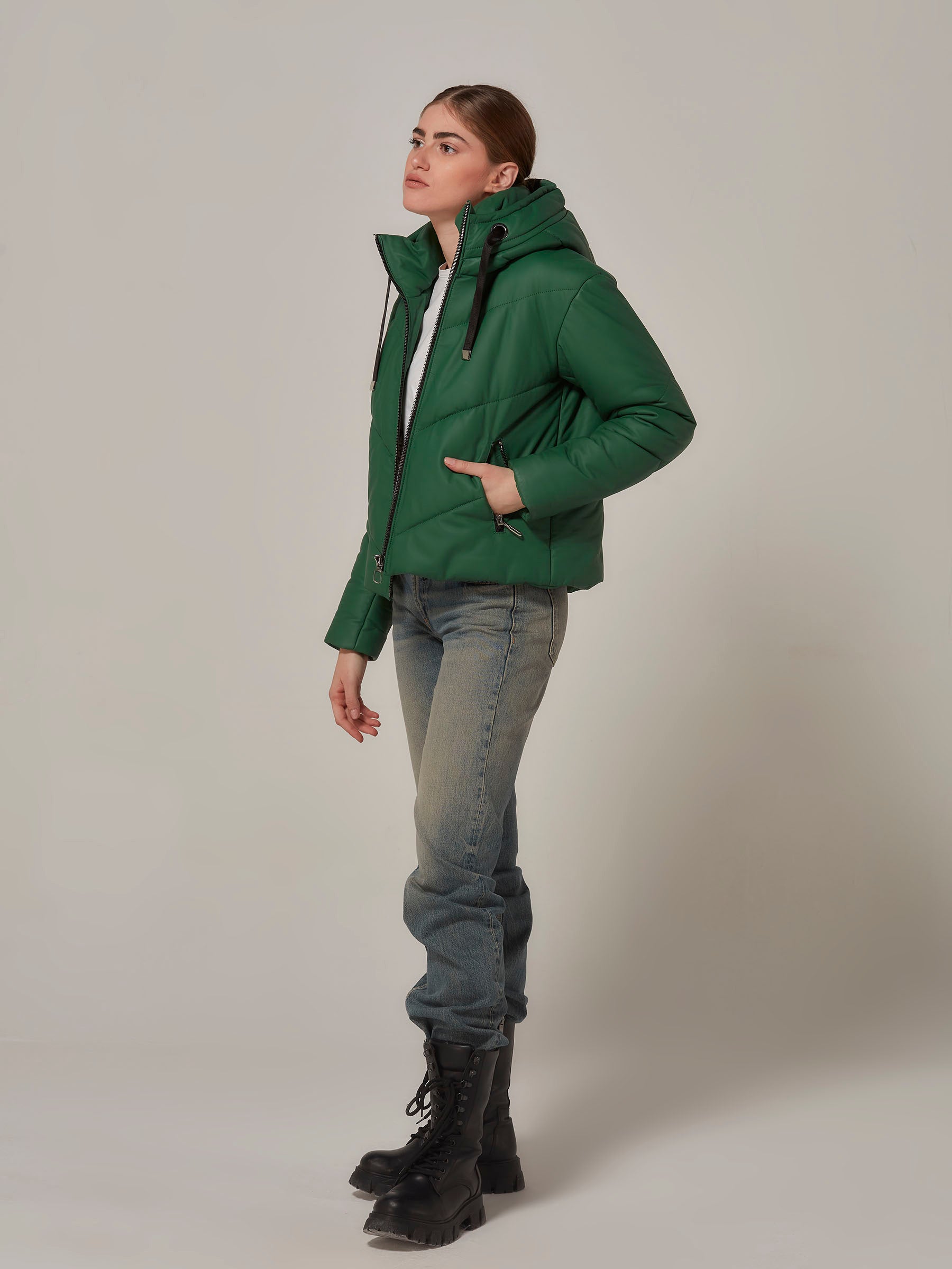 Green Leather Puffer Jacket with Hood side full length