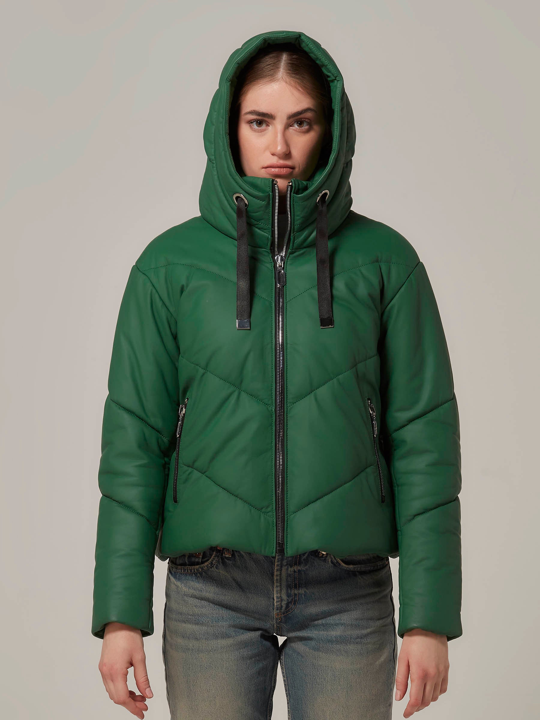 Green Leather Puffer Jacket with Hood front