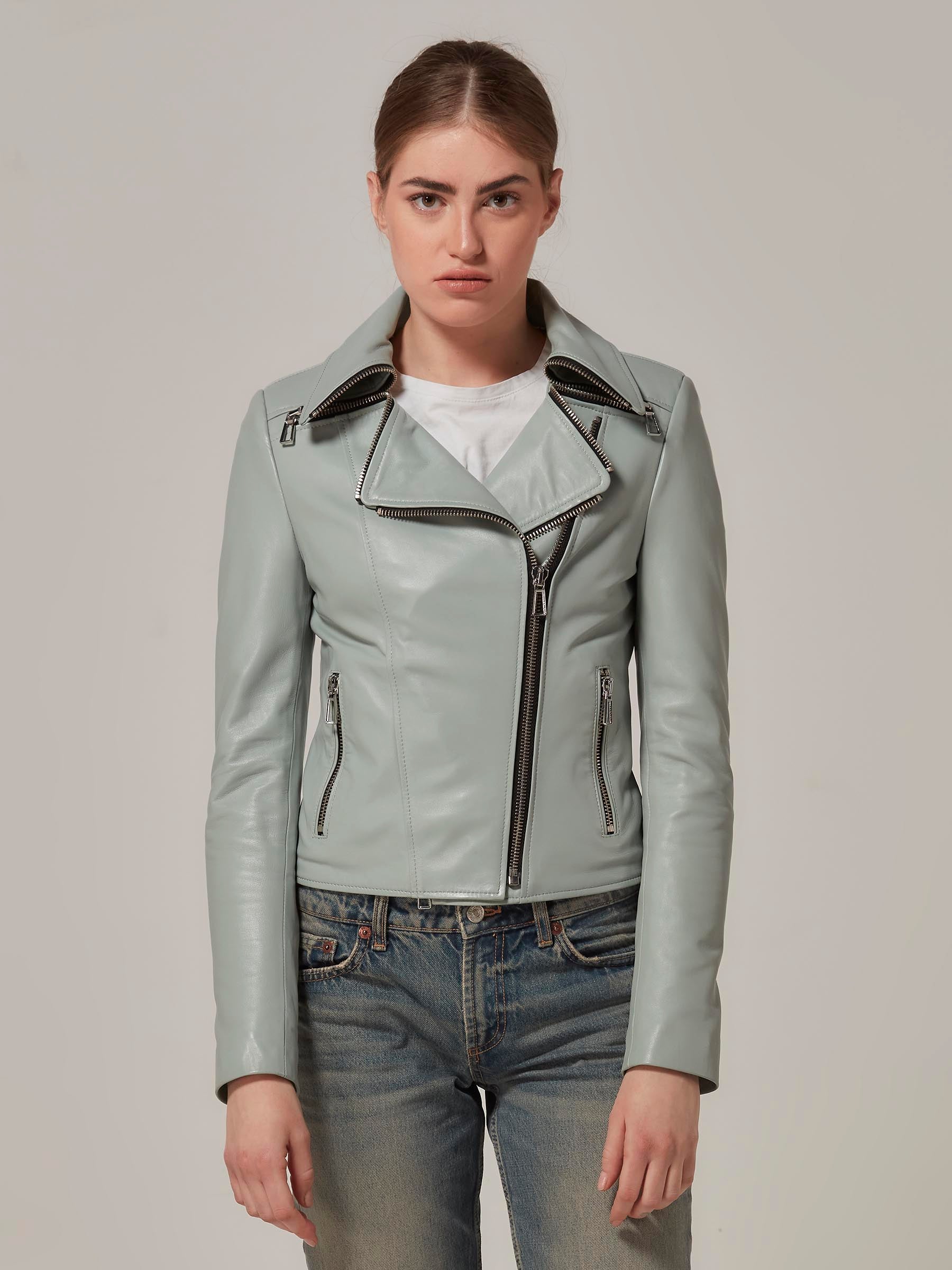 Light Blue Leather Motorcycle Jacket with Zipper Collar front pose