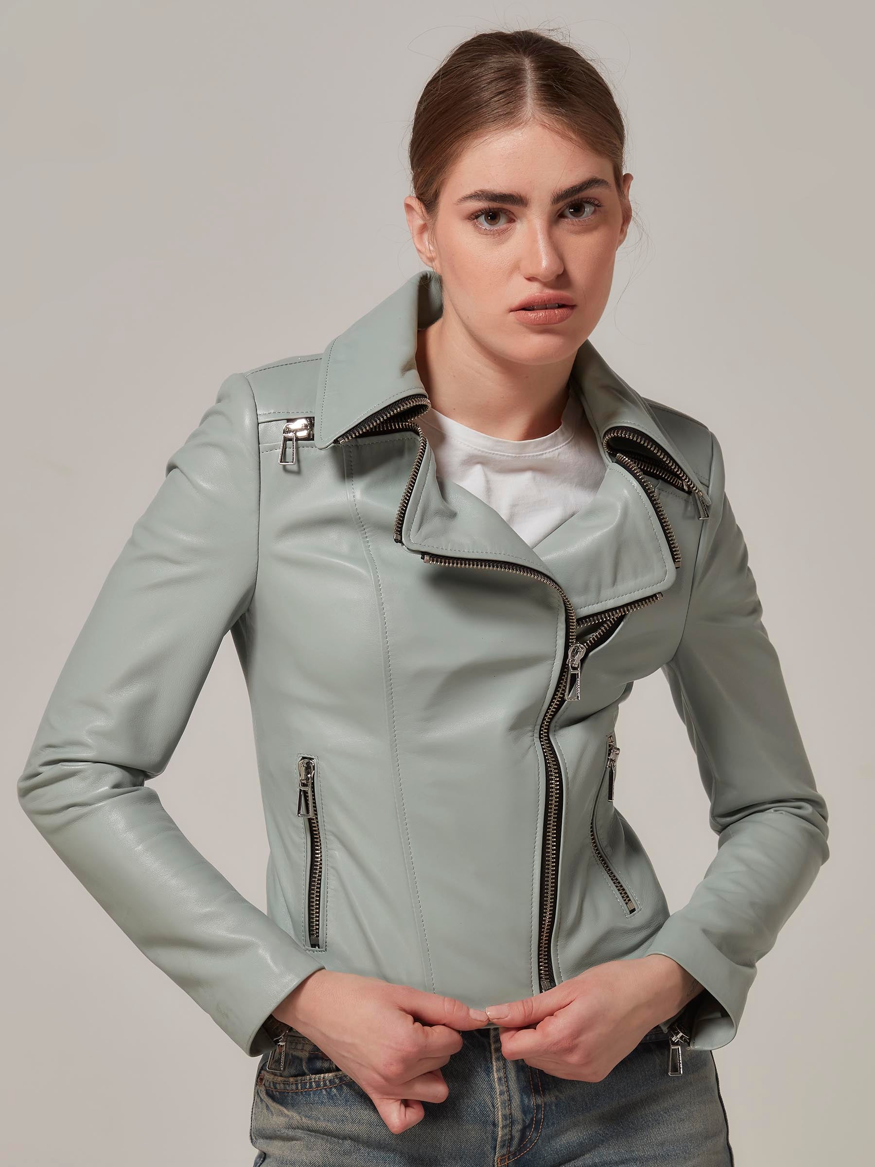 Light Blue Leather Motorcycle Jacket with Zipper Collar front close up pose