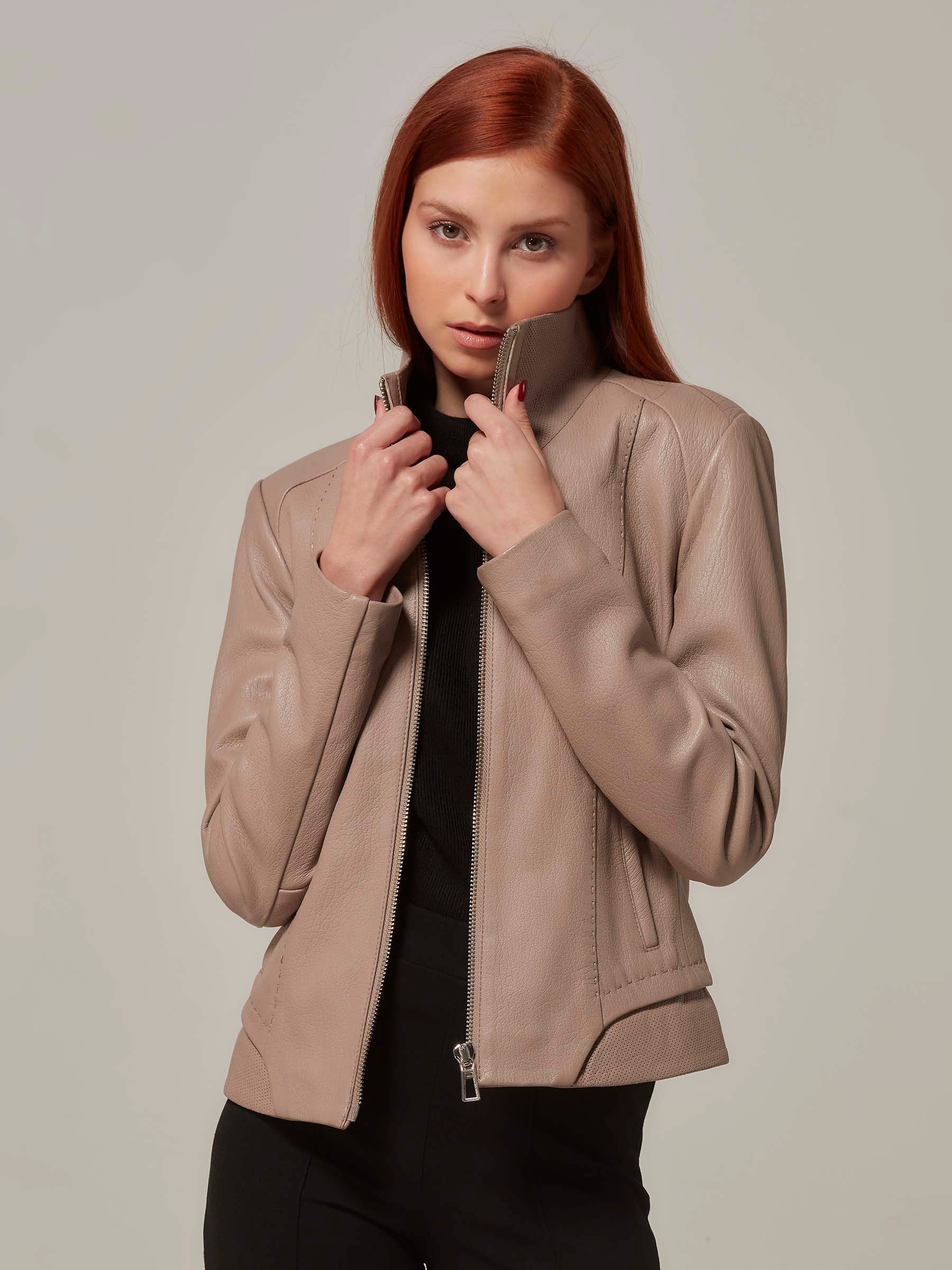 Light Brown Leather Biker Jacket with Preforated Details front pose