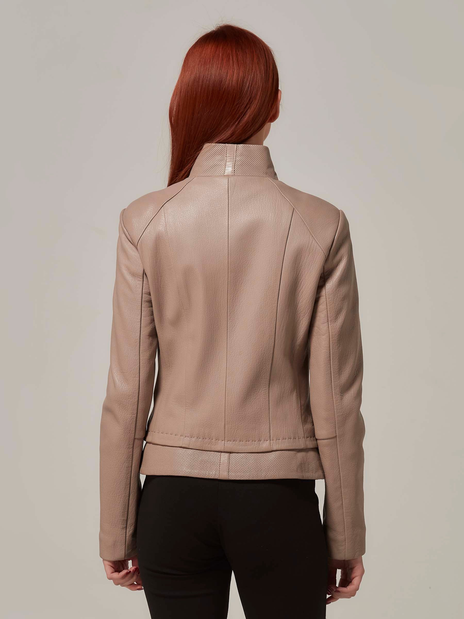 Light Brown Leather Biker Jacket with Preforated Details back pose