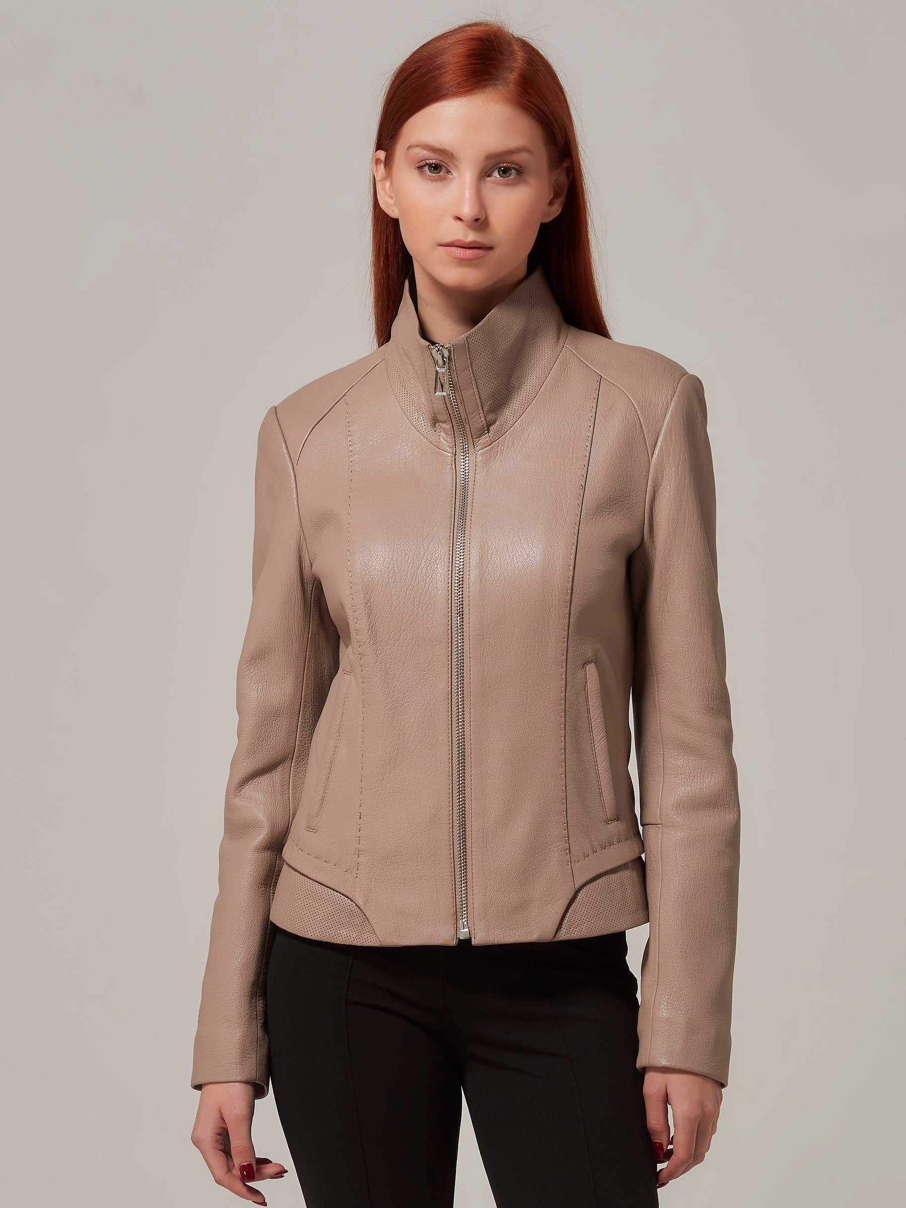 Light Brown Leather Biker Jacket with Preforated Details front close up pose