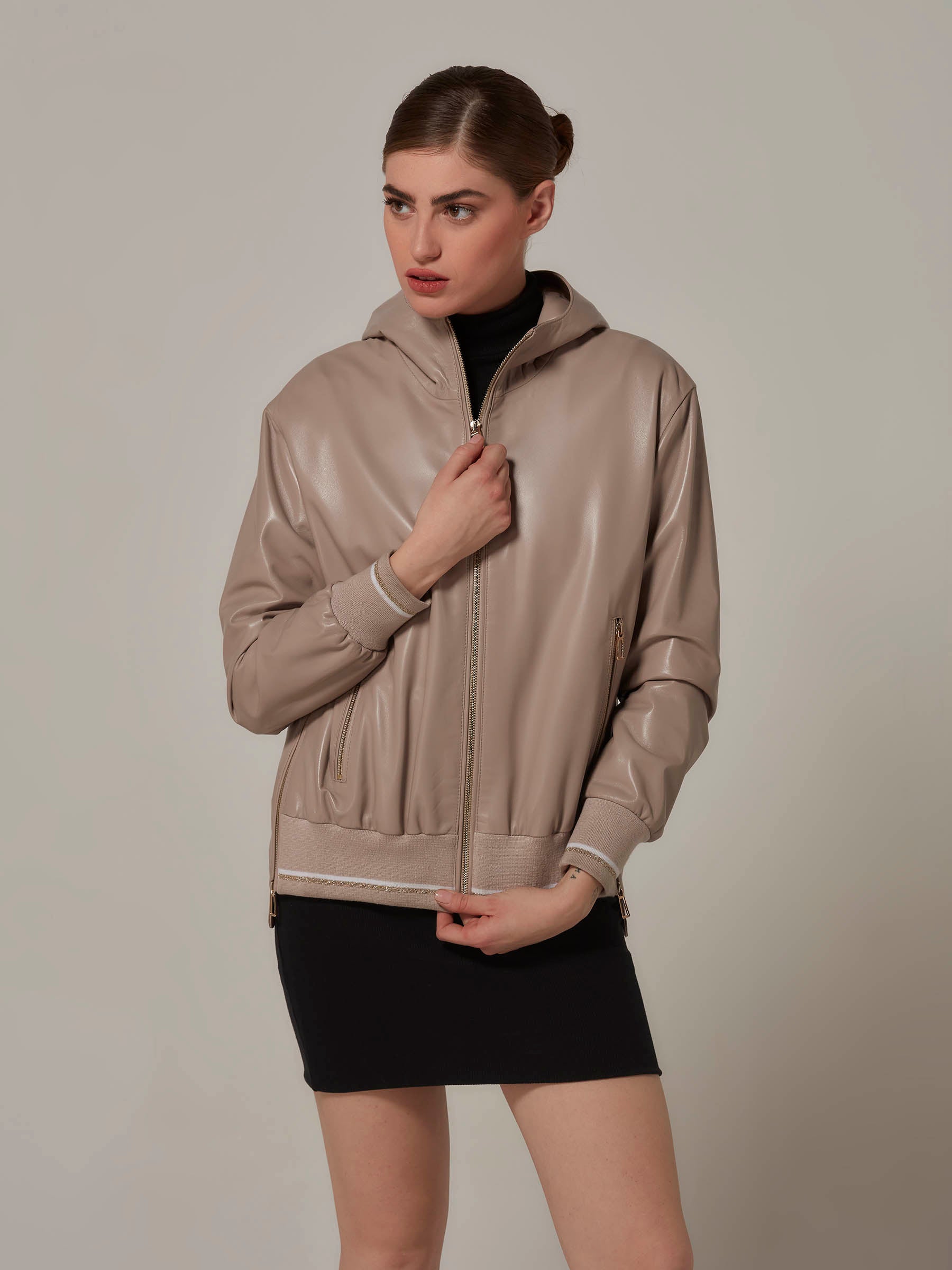 Light Brown Bomber Leather Jacket with Hood front pose full length