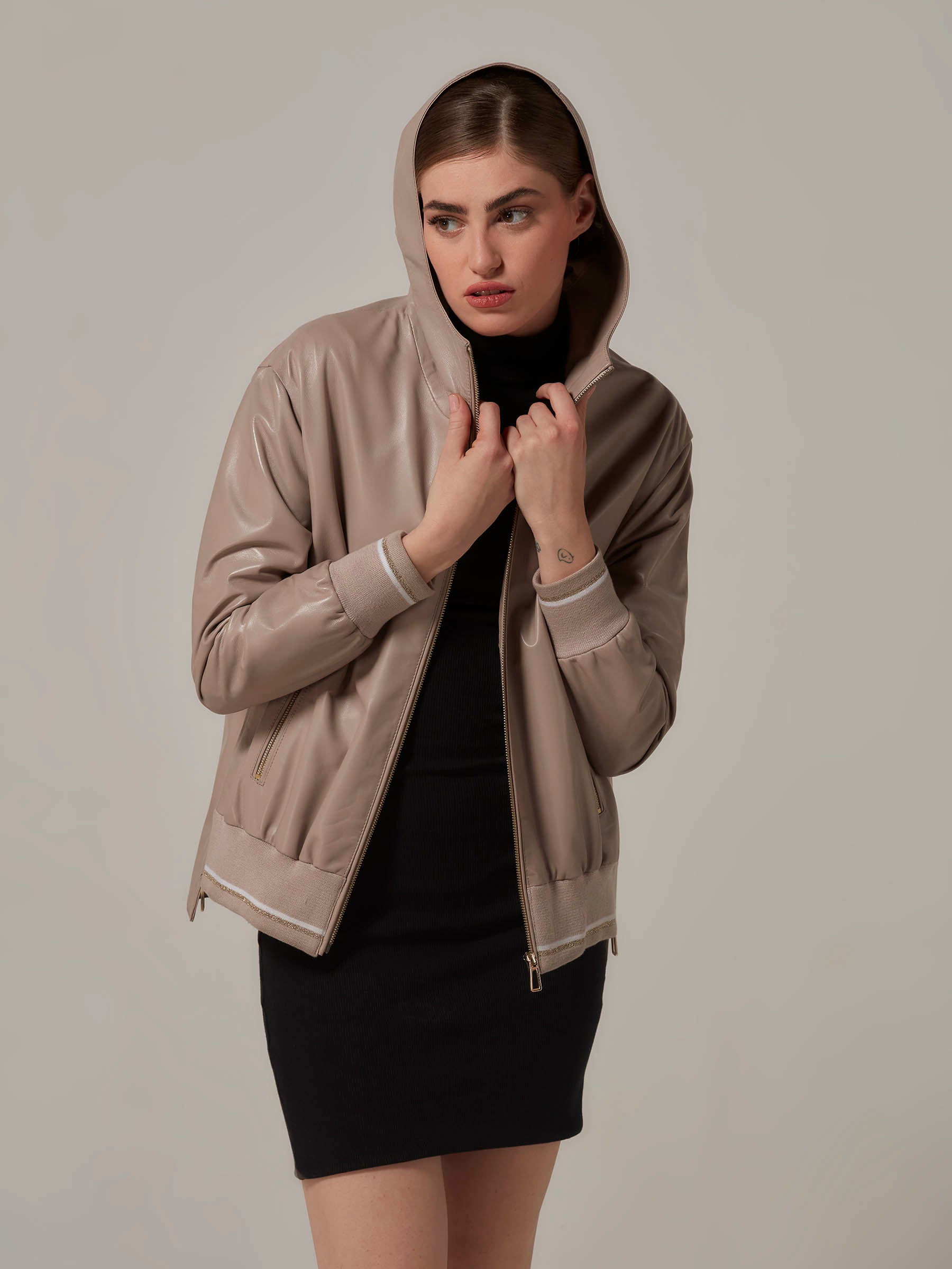 Light Brown Bomber Leather Jacket with Hood front pose