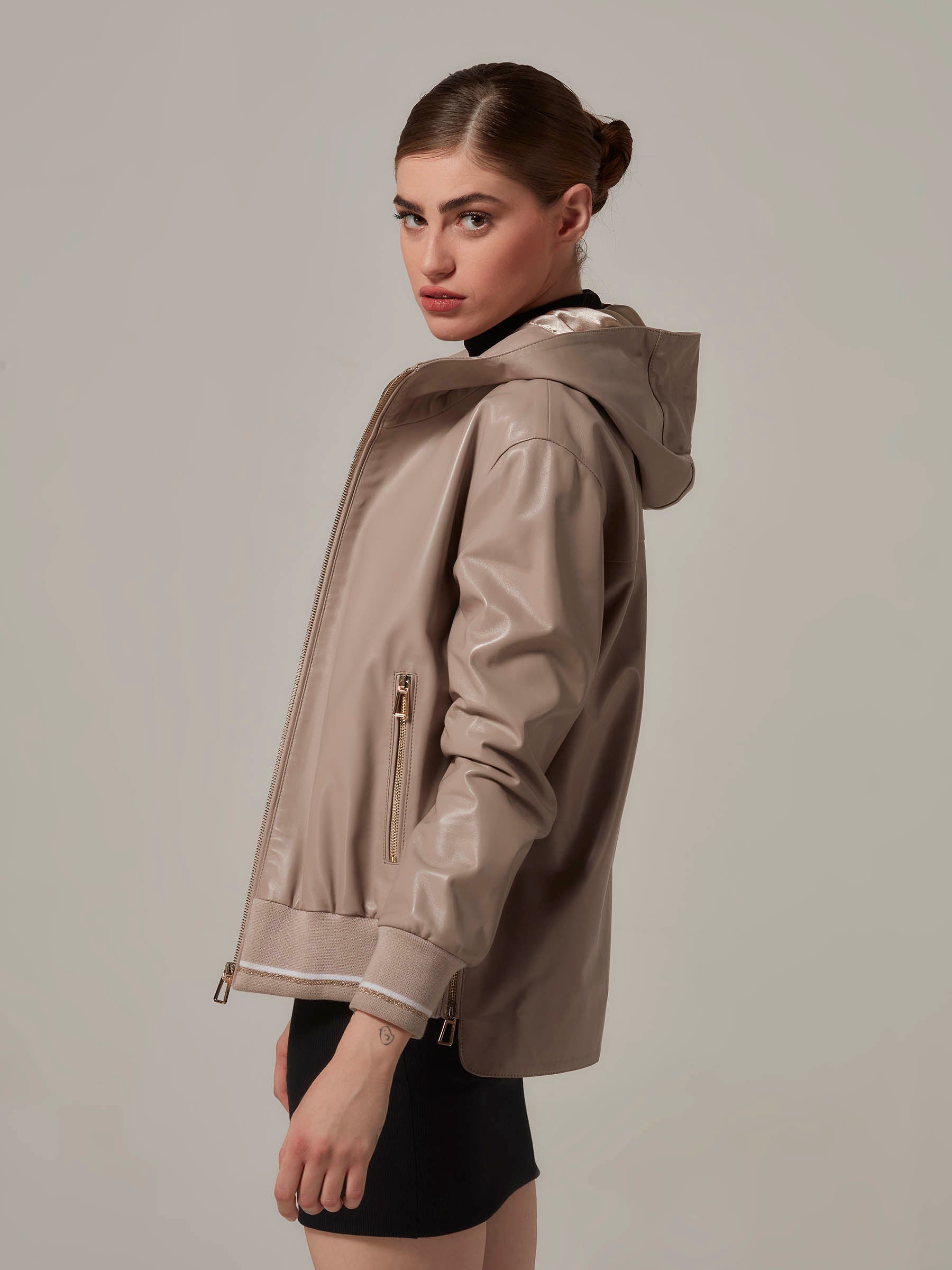 Light Brown Bomber Leather Jacket with Hood side pose