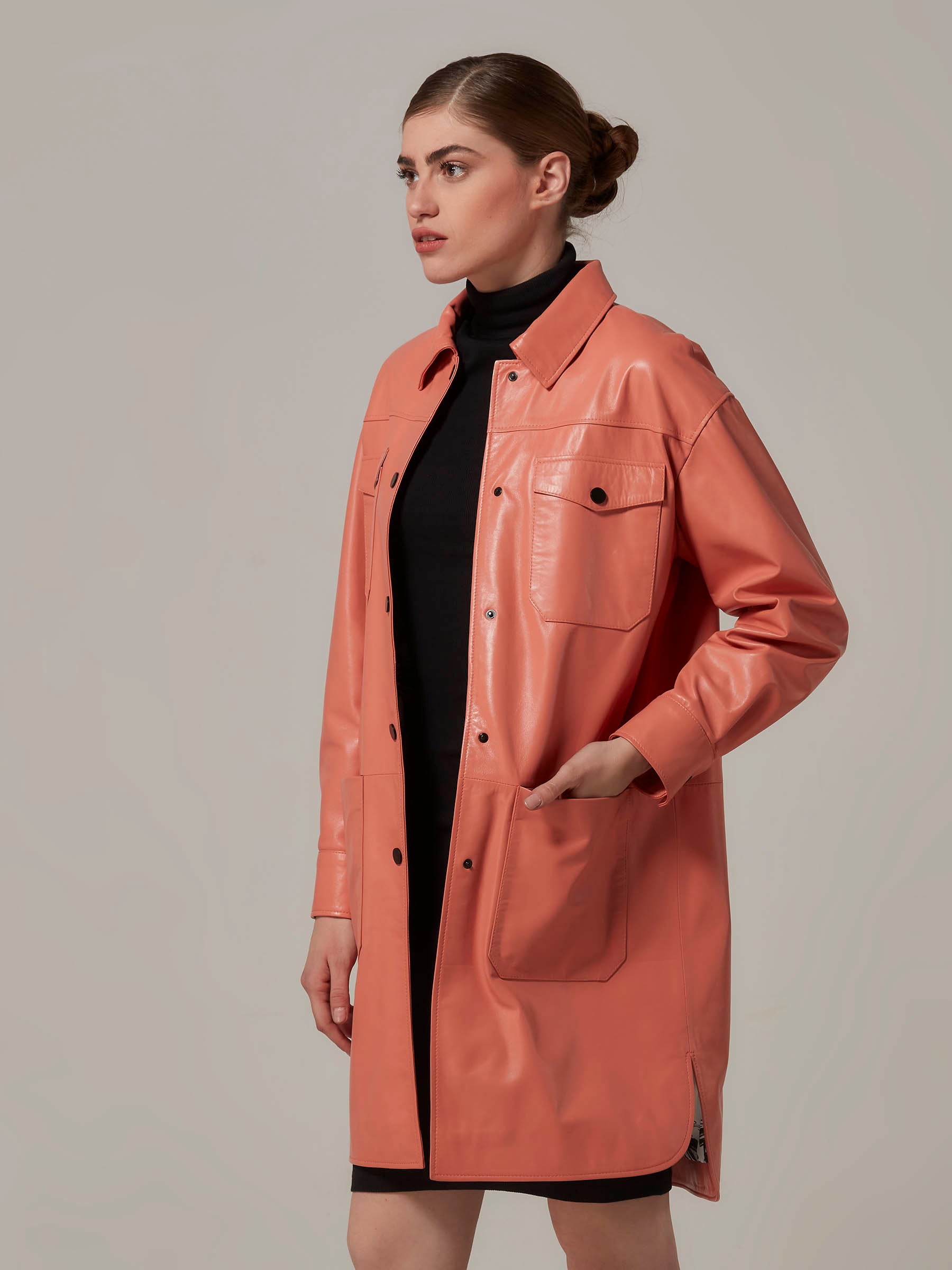 Soft Orange Leather Shirt Jacket