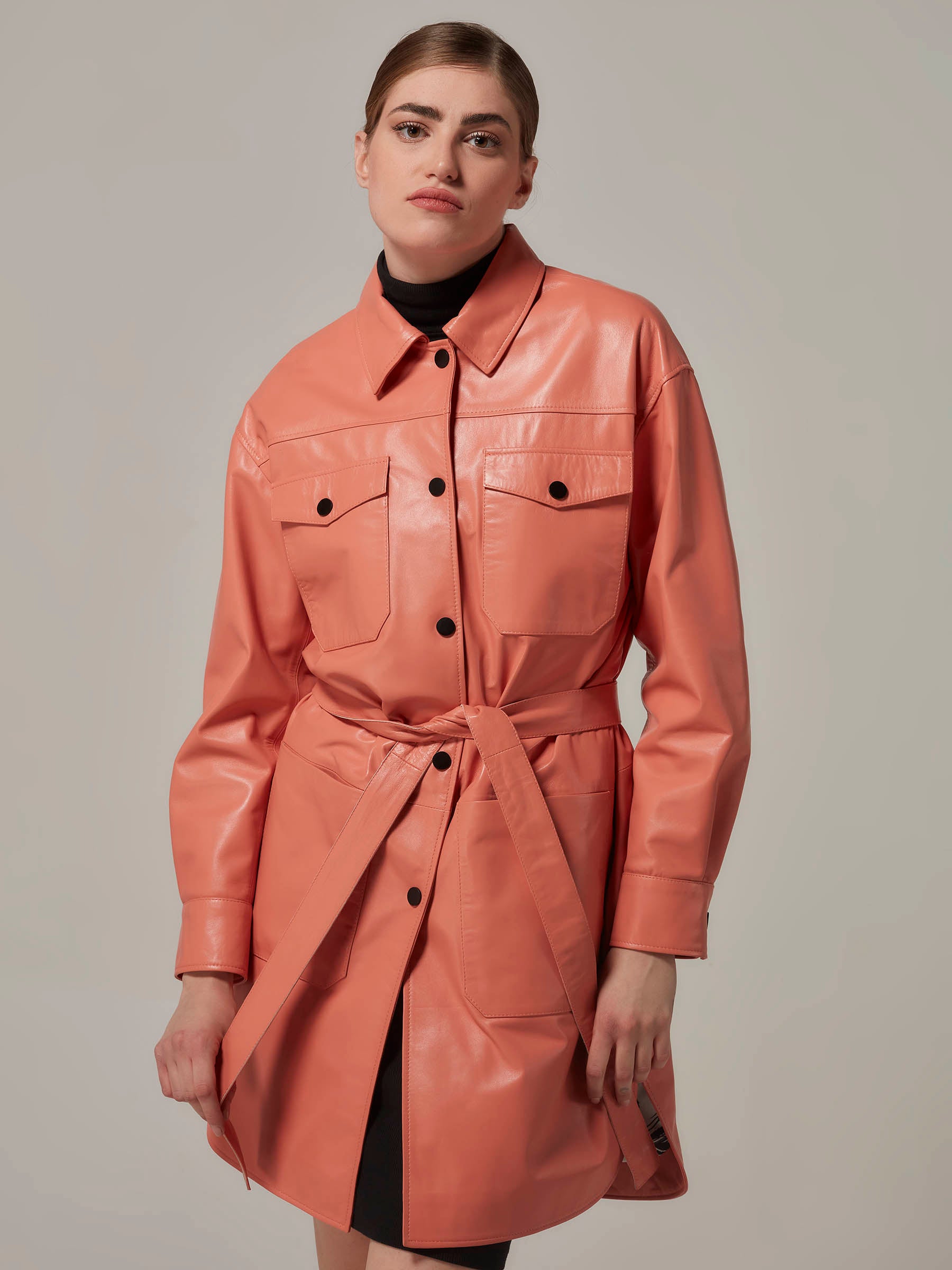 Soft Orange Leather Shirt Jacket